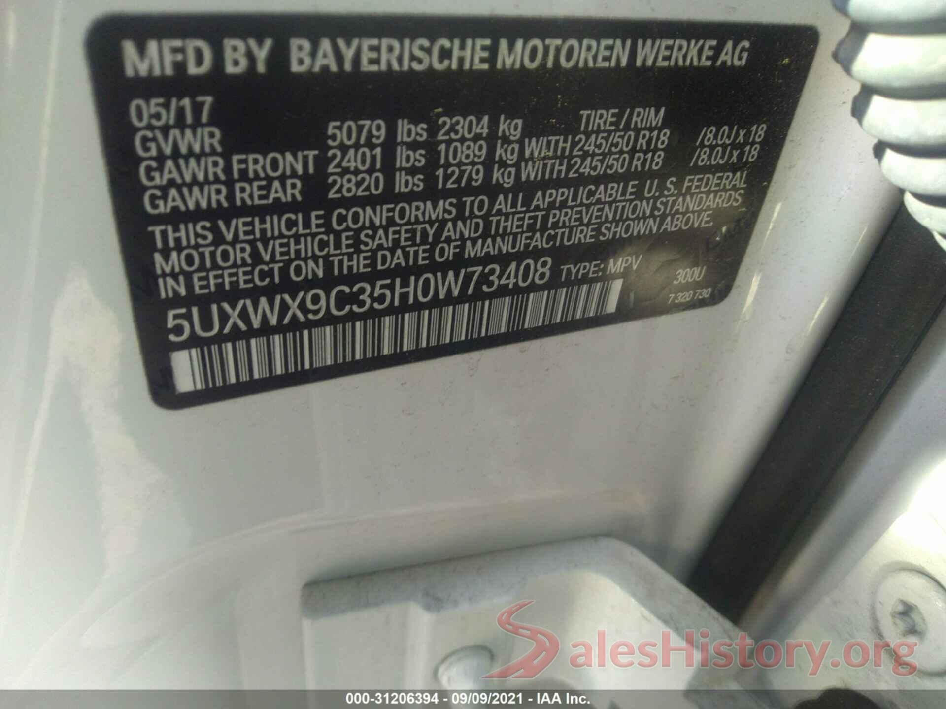 5UXWX9C35H0W73408 2017 BMW X3