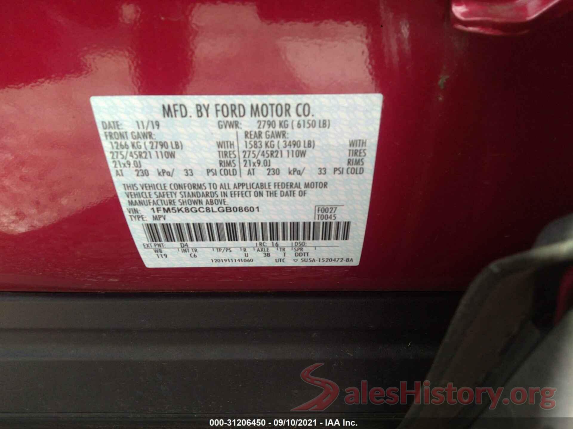 1FM5K8GC8LGB08601 2020 FORD EXPLORER