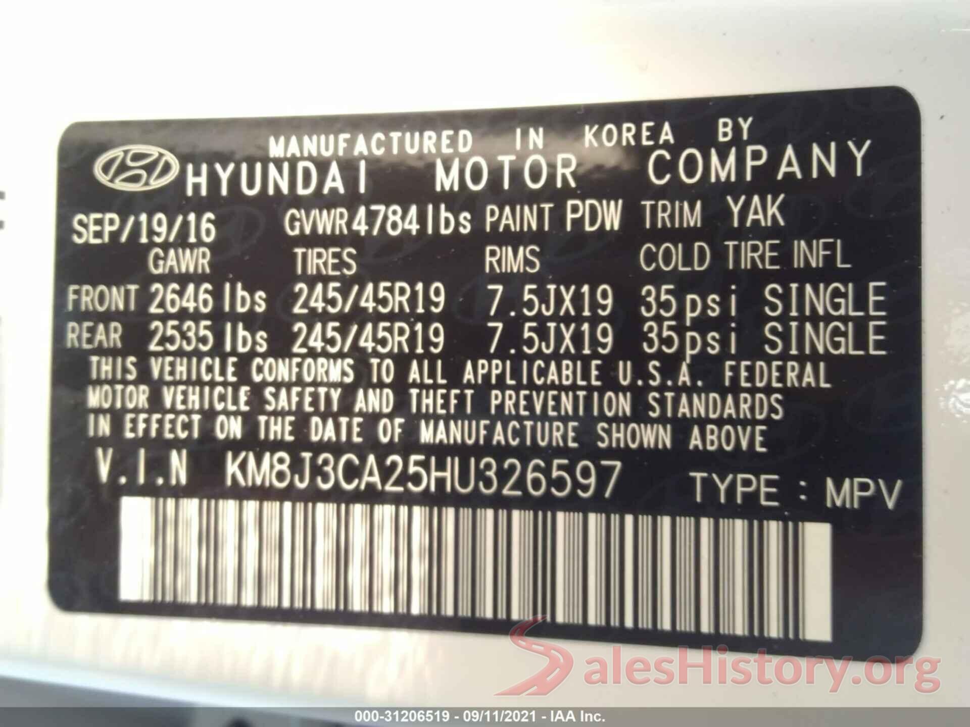 KM8J3CA25HU326597 2017 HYUNDAI TUCSON