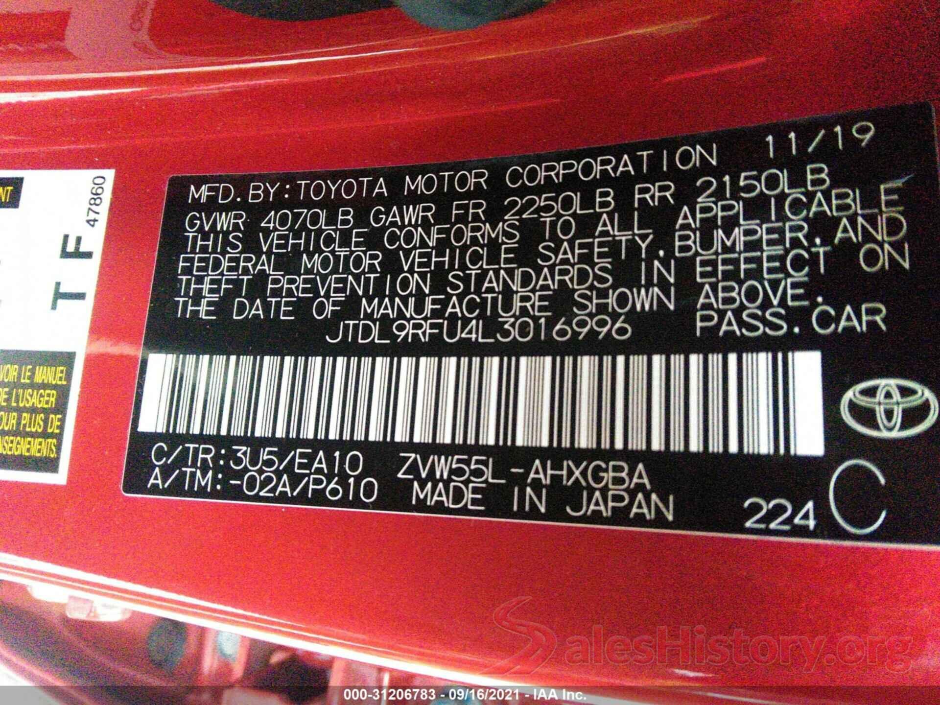 JTDL9RFU4L3016996 2020 TOYOTA PRIUS