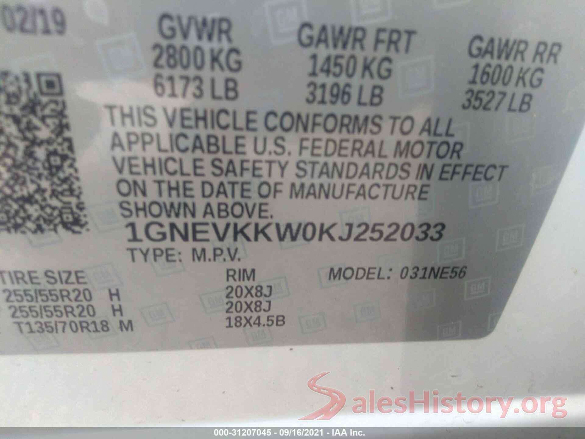 1GNEVKKW0KJ252033 2019 CHEVROLET TRAVERSE