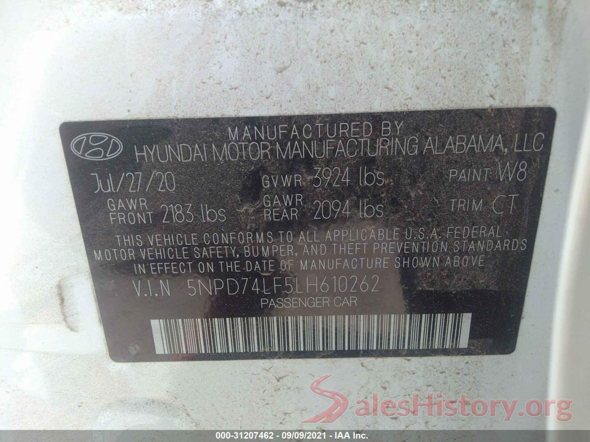 5NPD74LF5LH610262 2020 HYUNDAI ELANTRA