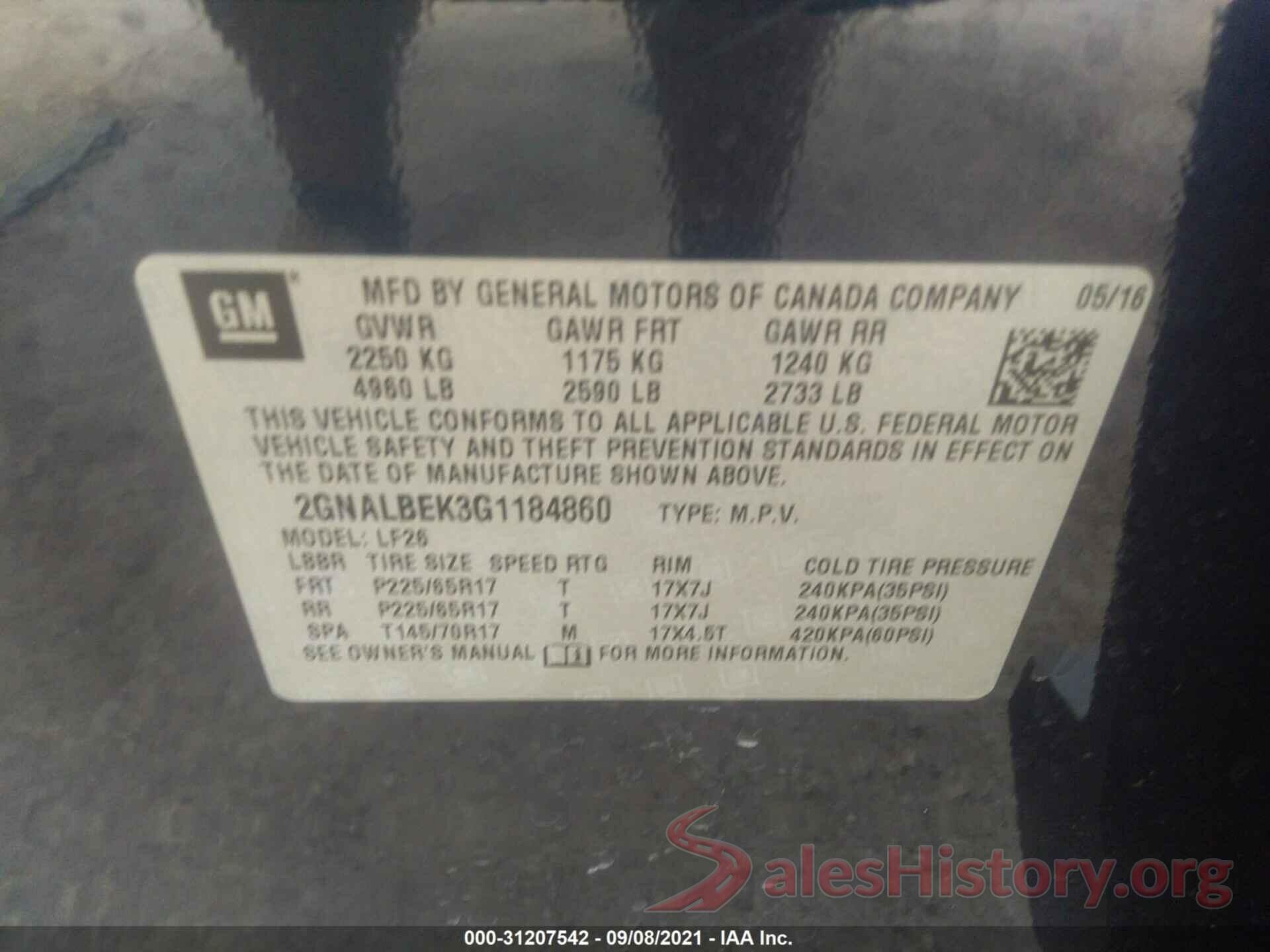 2GNALBEK3G1184860 2016 CHEVROLET EQUINOX