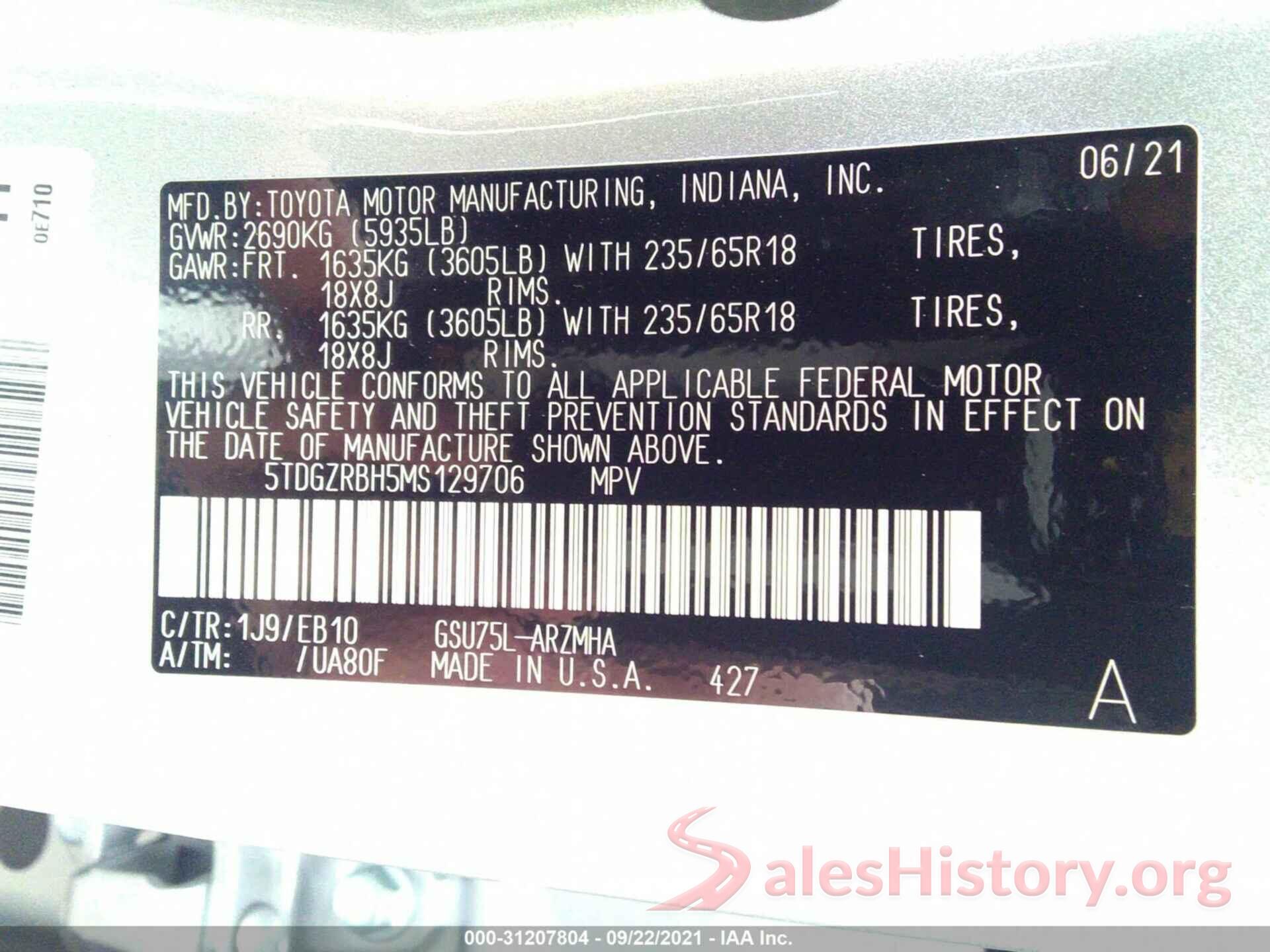 5TDGZRBH5MS129706 2021 TOYOTA HIGHLANDER