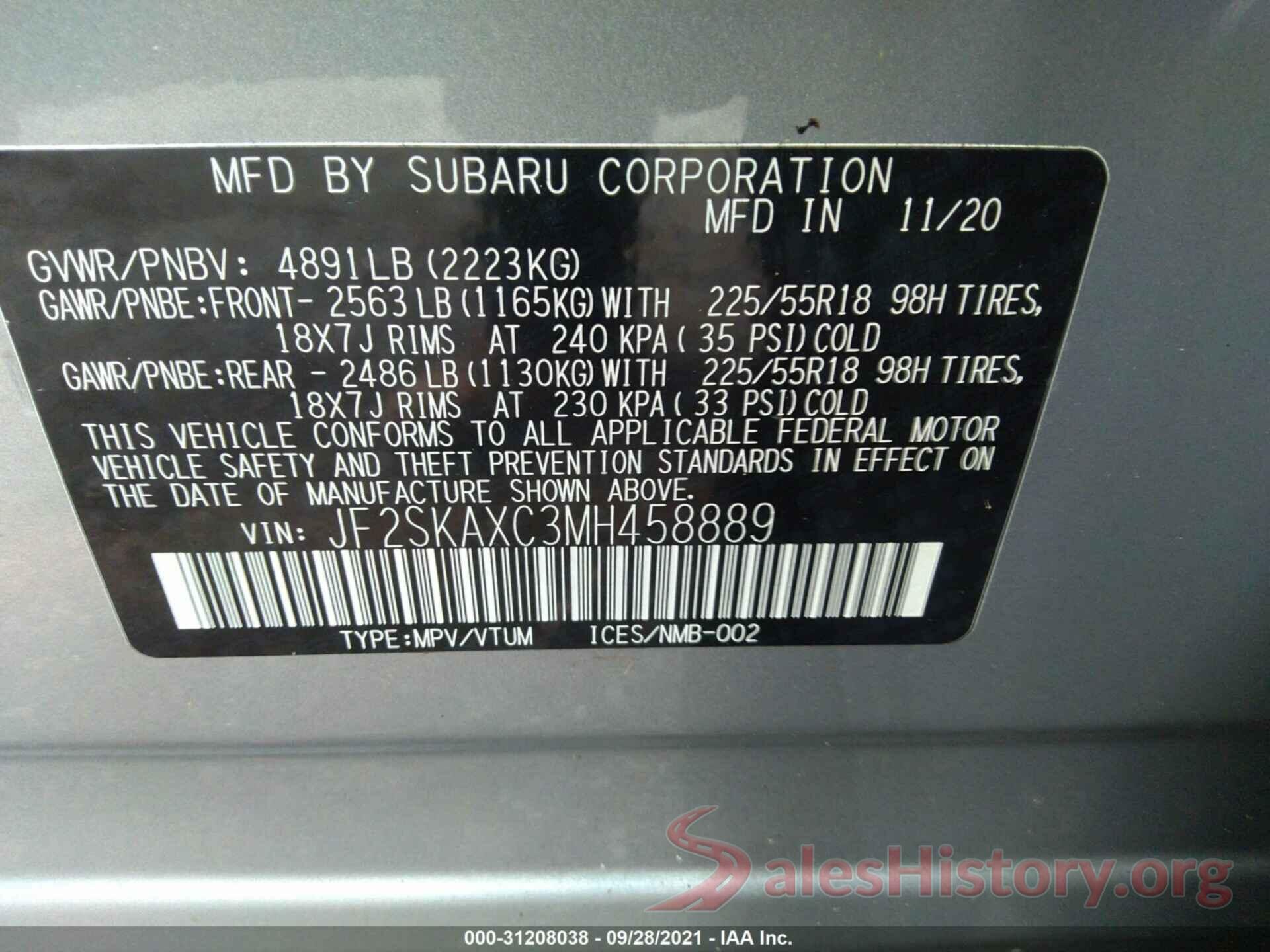 JF2SKAXC3MH458889 2021 SUBARU FORESTER