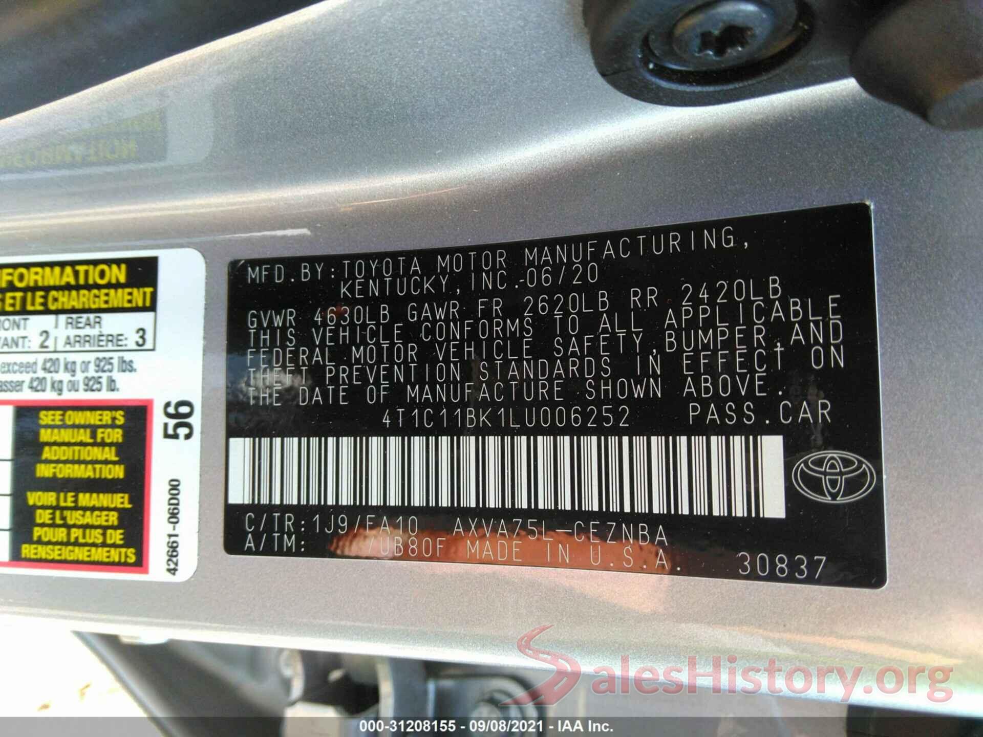 4T1C11BK1LU006252 2020 TOYOTA CAMRY