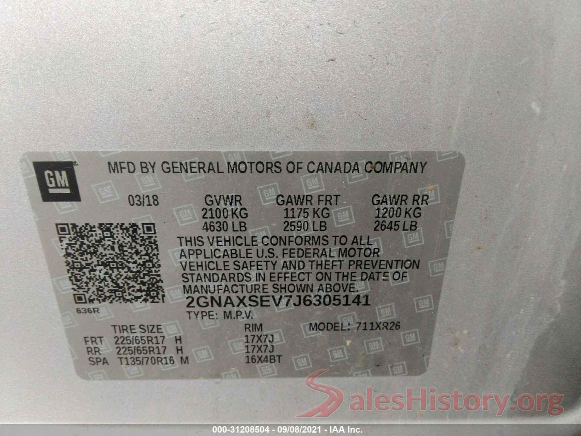 2GNAXSEV7J6305141 2018 CHEVROLET EQUINOX