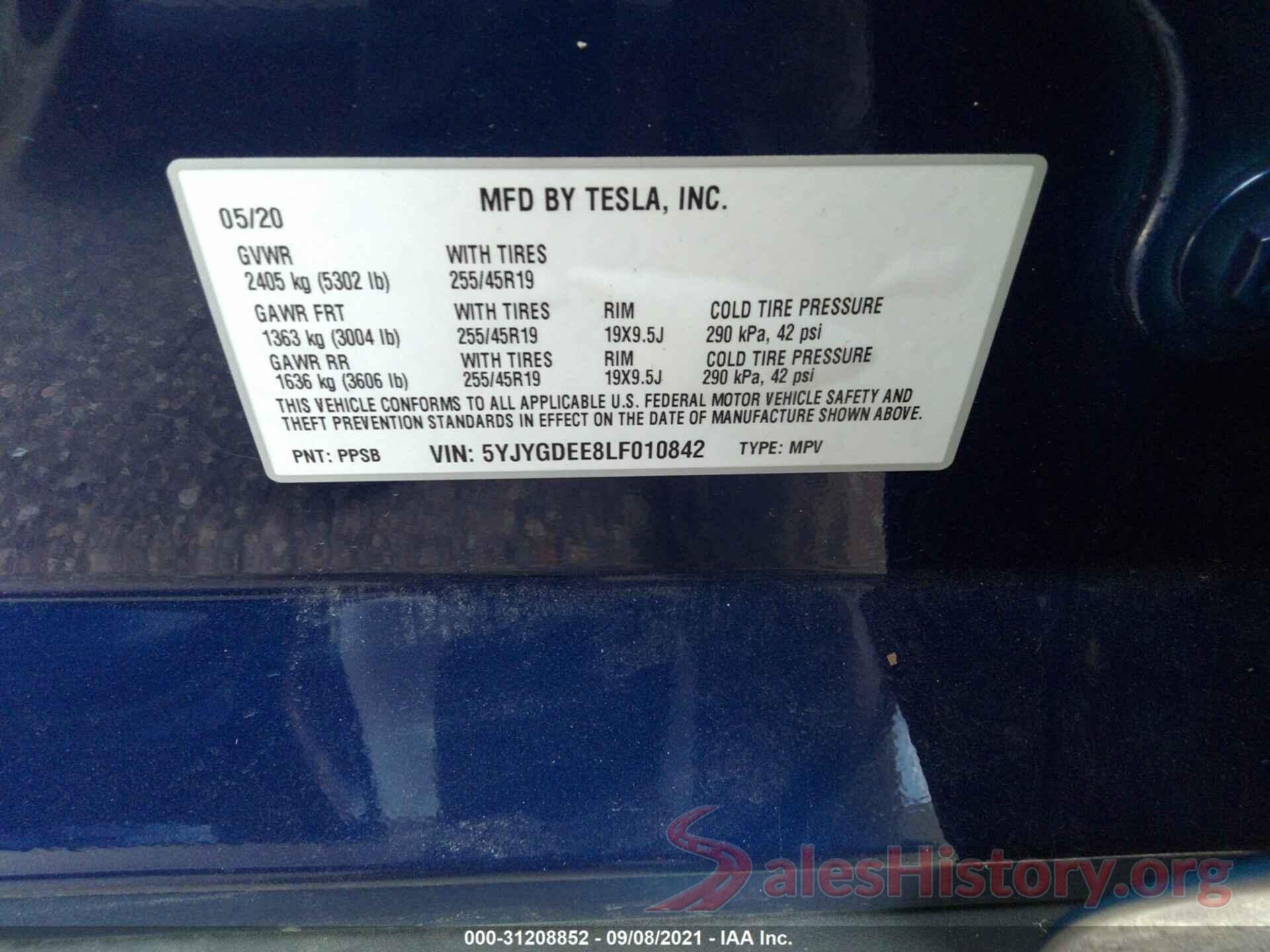 5YJYGDEE8LF010842 2020 TESLA MODEL Y