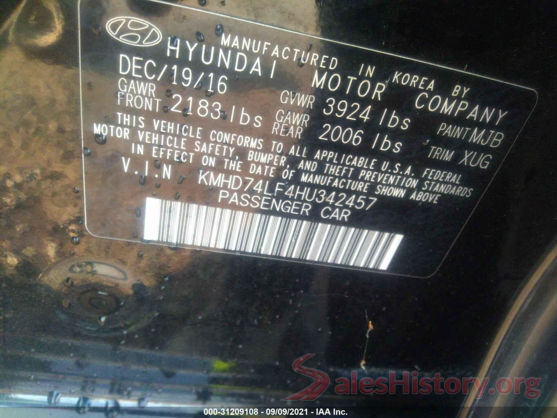 KMHD74LF4HU342457 2017 HYUNDAI ELANTRA