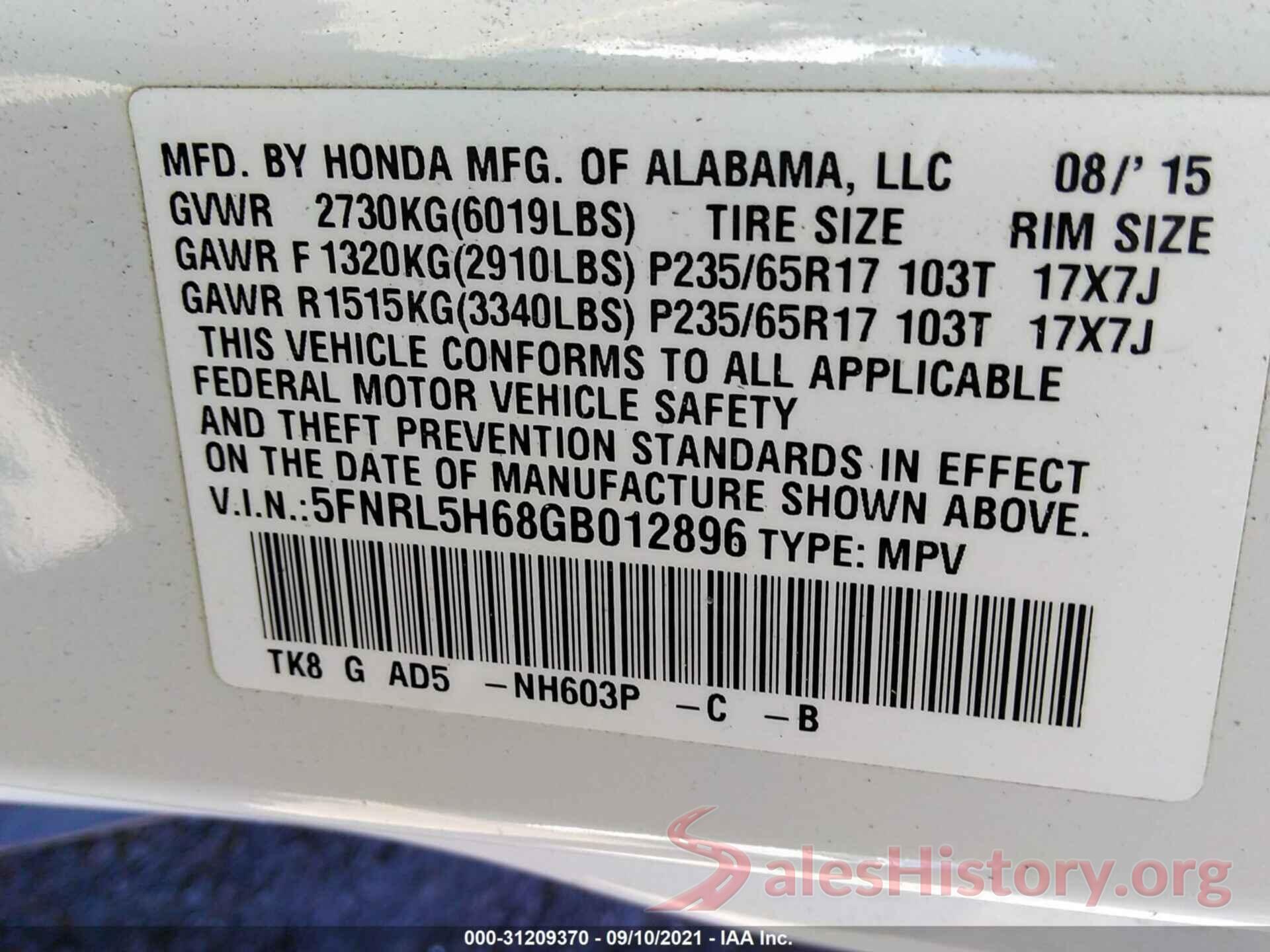 5FNRL5H68GB012896 2016 HONDA ODYSSEY