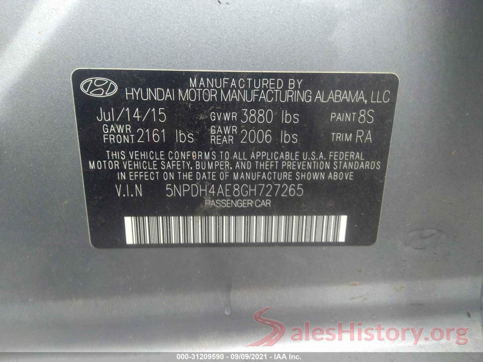 5NPDH4AE8GH727265 2016 HYUNDAI ELANTRA