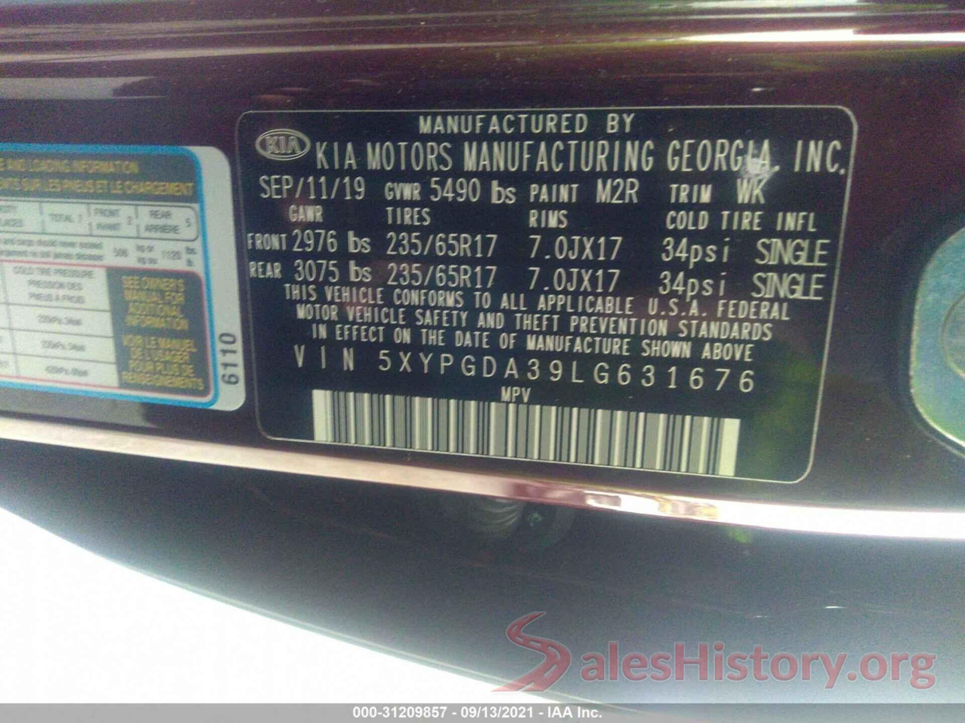 5XYPGDA39LG631676 2020 KIA SORENTO