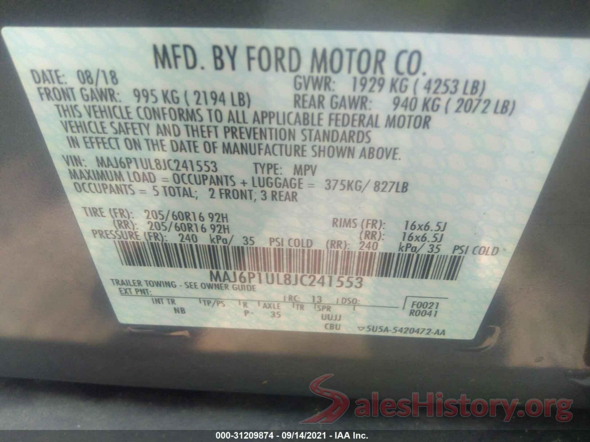 MAJ6P1UL8JC241553 2018 FORD ECOSPORT