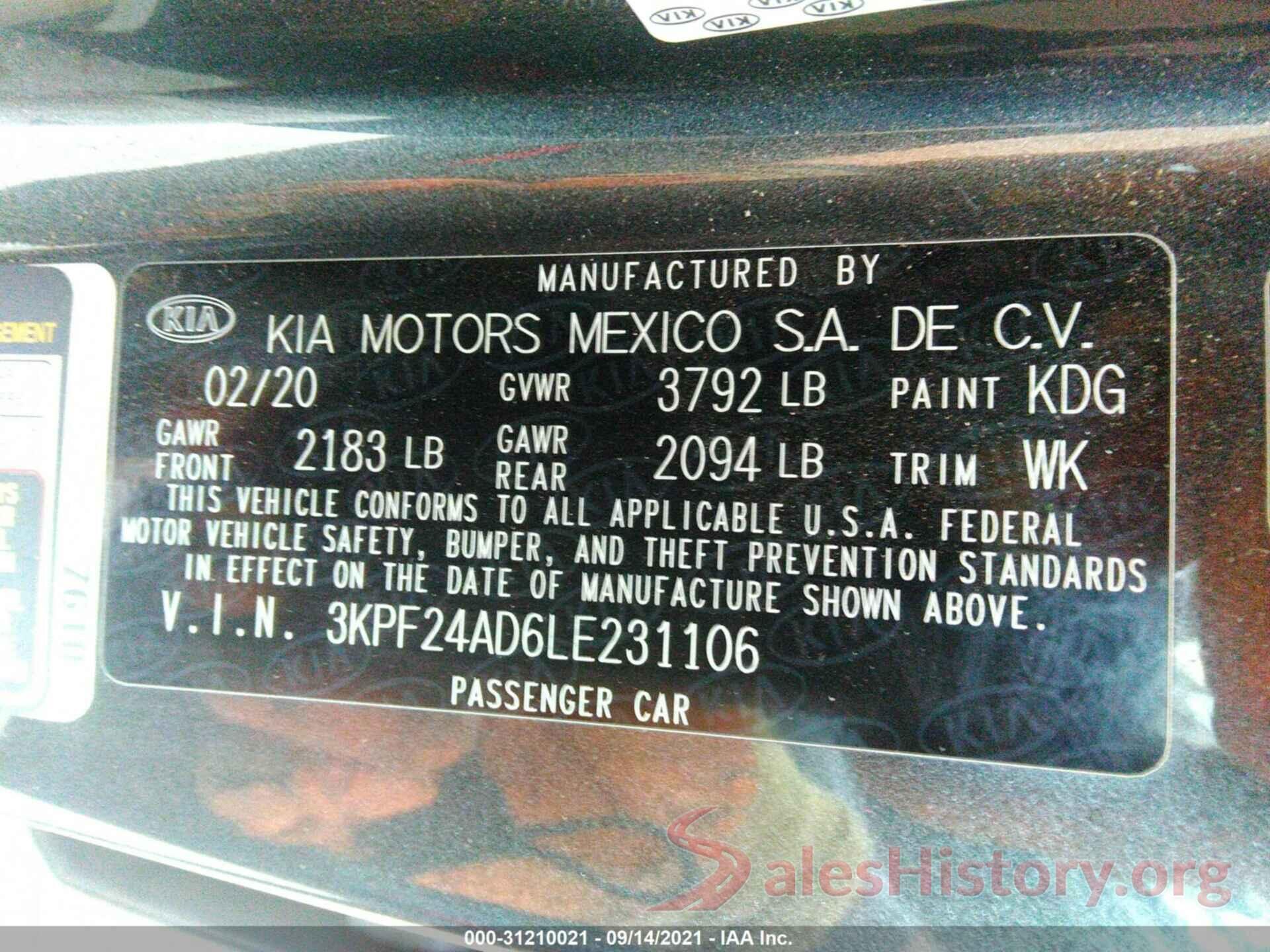 3KPF24AD6LE231106 2020 KIA FORTE