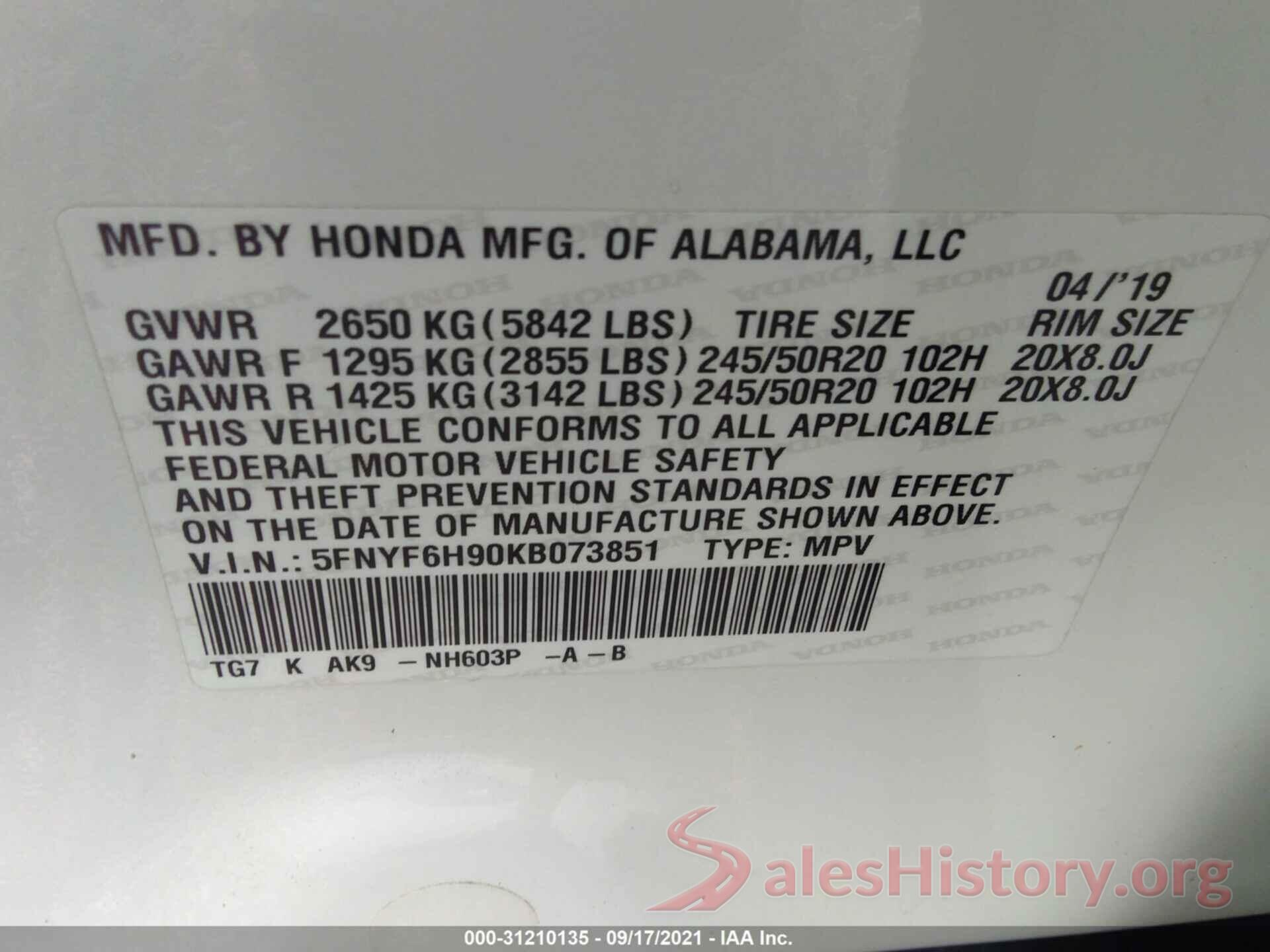 5FNYF6H90KB073851 2019 HONDA PILOT