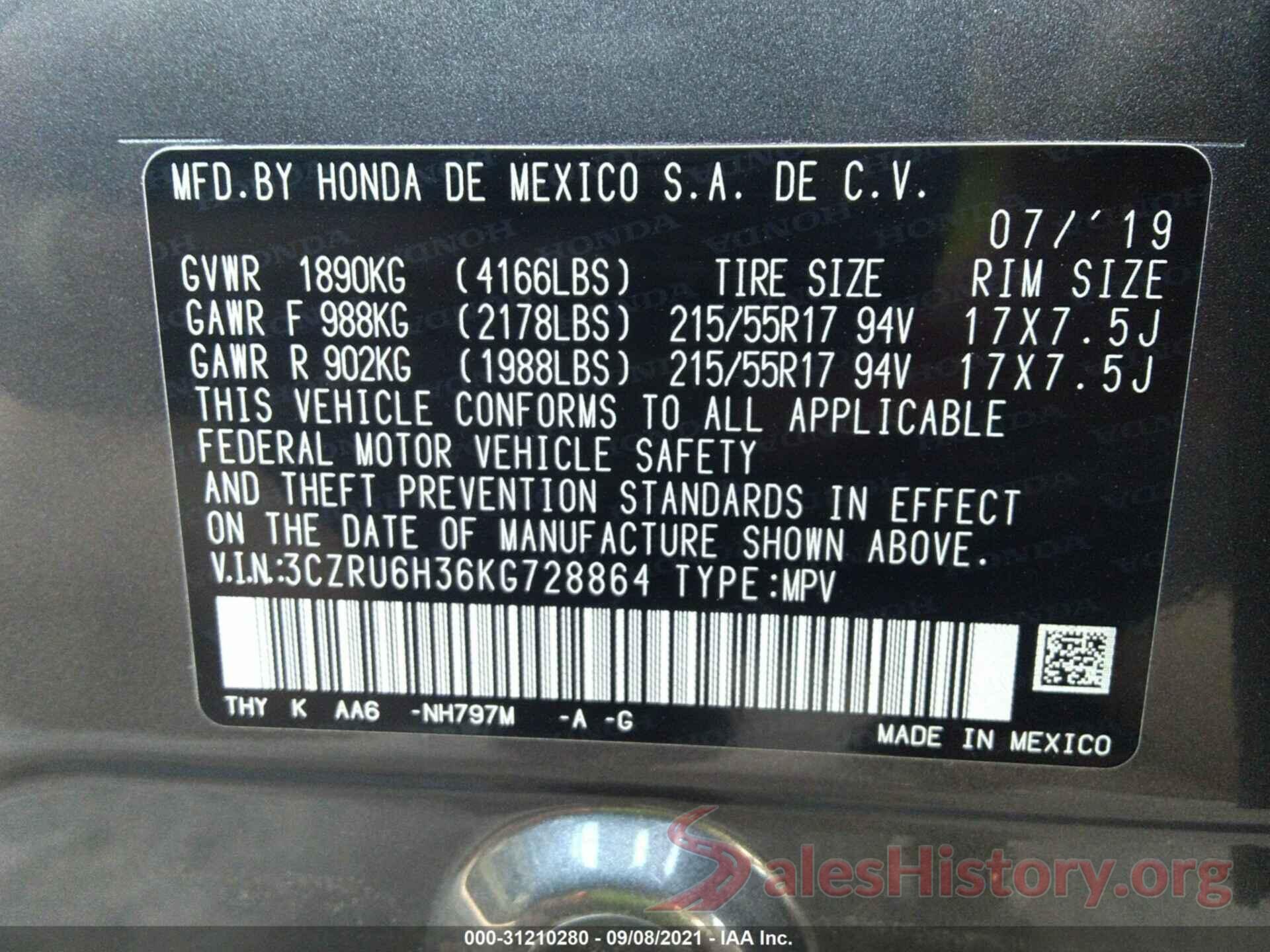 3CZRU6H36KG728864 2019 HONDA HR-V