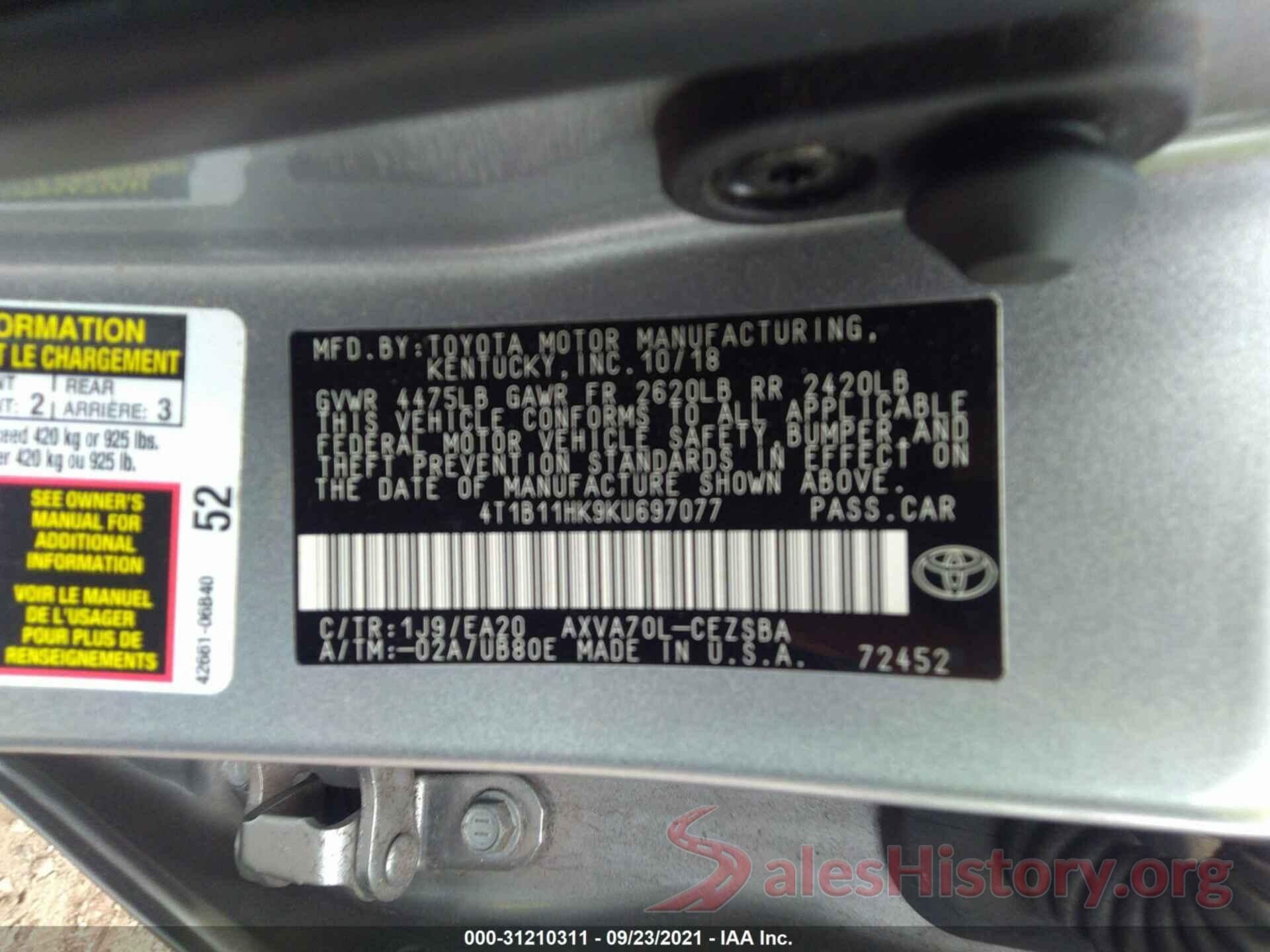 4T1B11HK9KU697077 2019 TOYOTA CAMRY