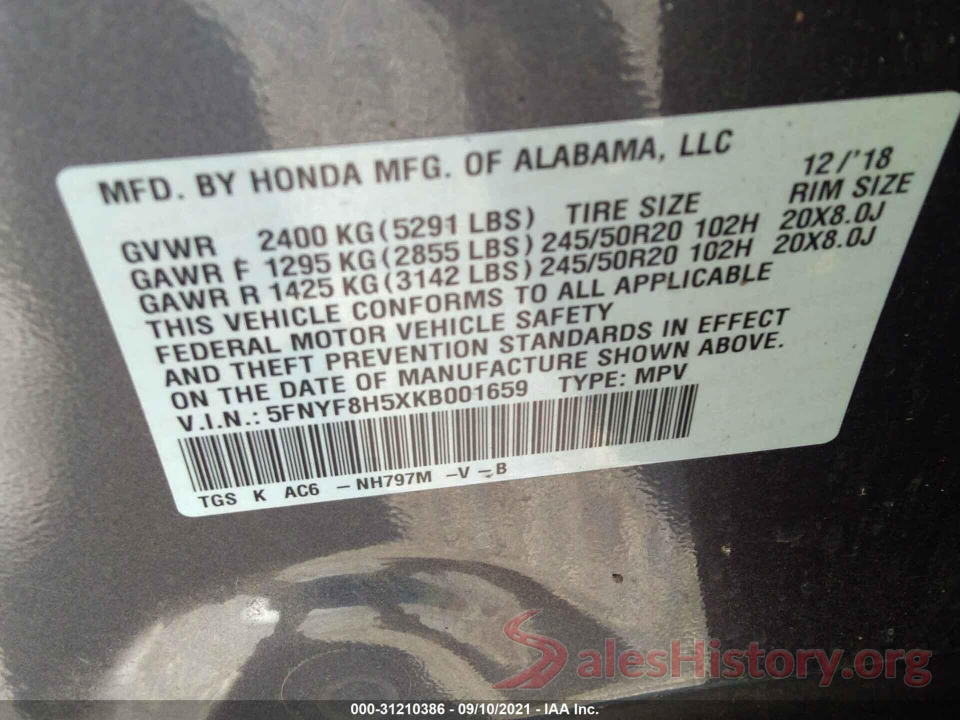 5FNYF8H5XKB001659 2019 HONDA PASSPORT