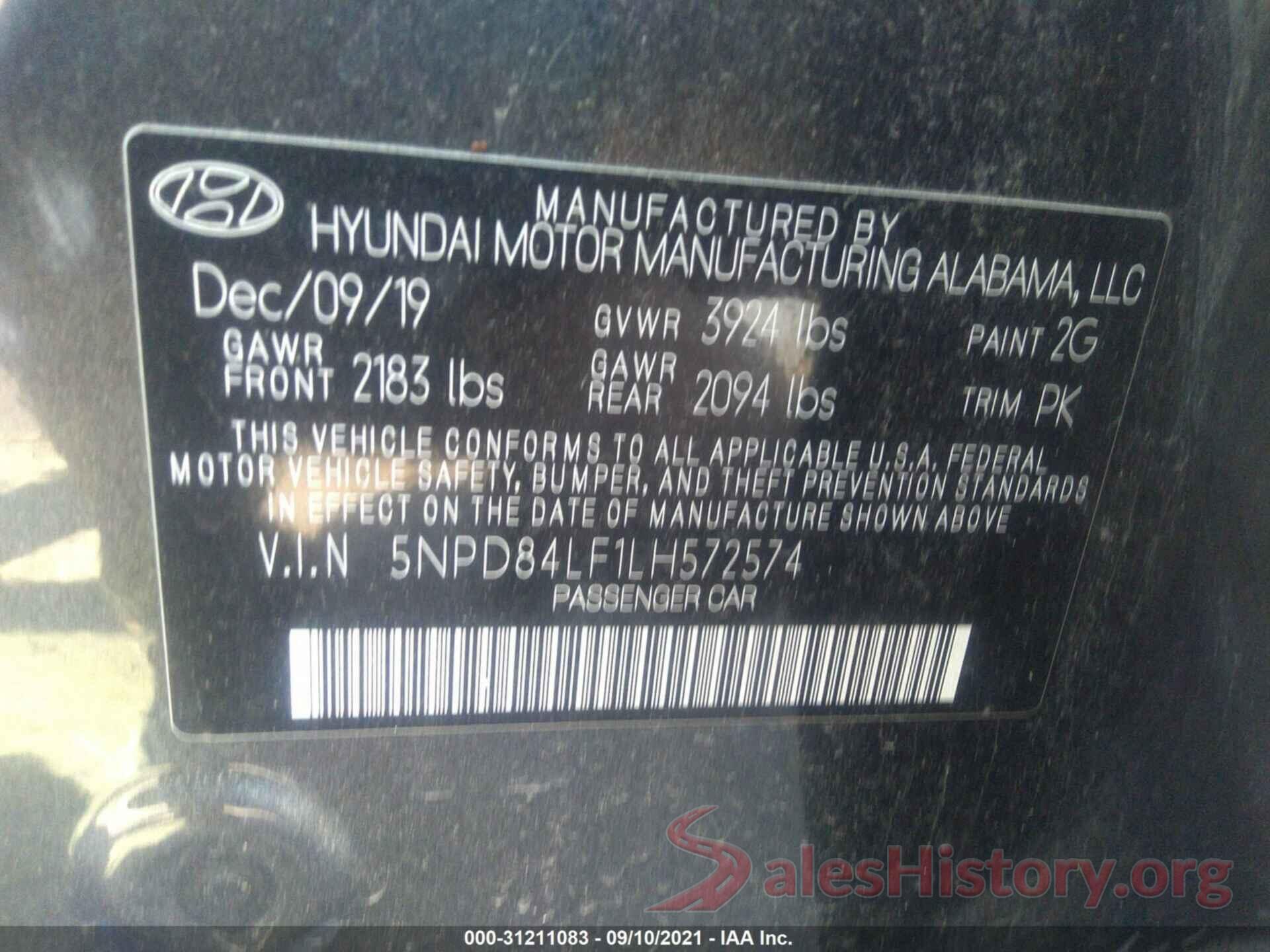 5NPD84LF1LH572574 2020 HYUNDAI ELANTRA