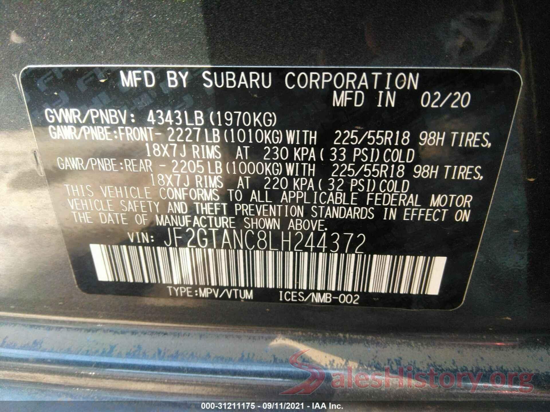 JF2GTANC8LH244372 2020 SUBARU CROSSTREK