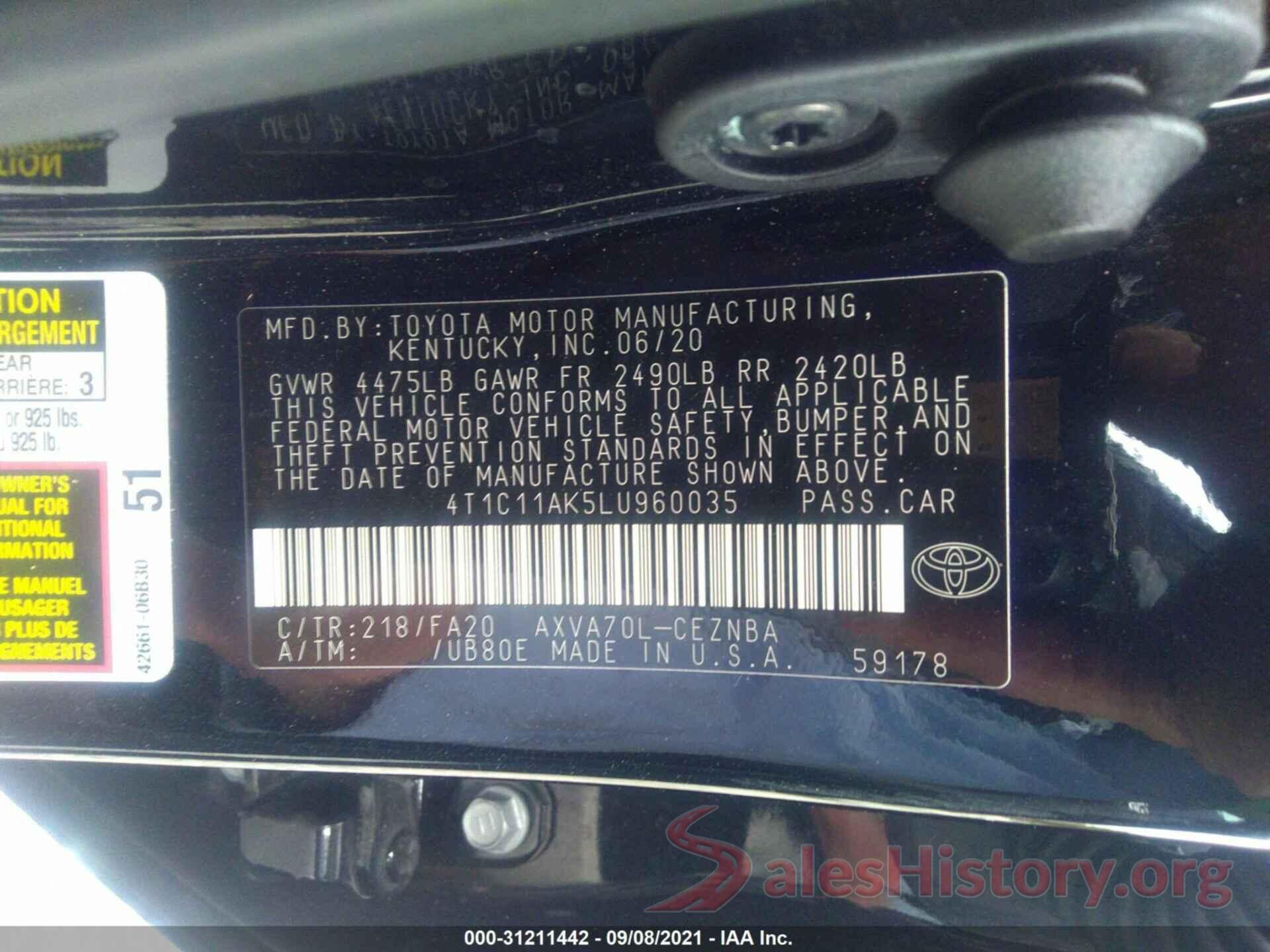 4T1C11AK5LU960035 2020 TOYOTA CAMRY