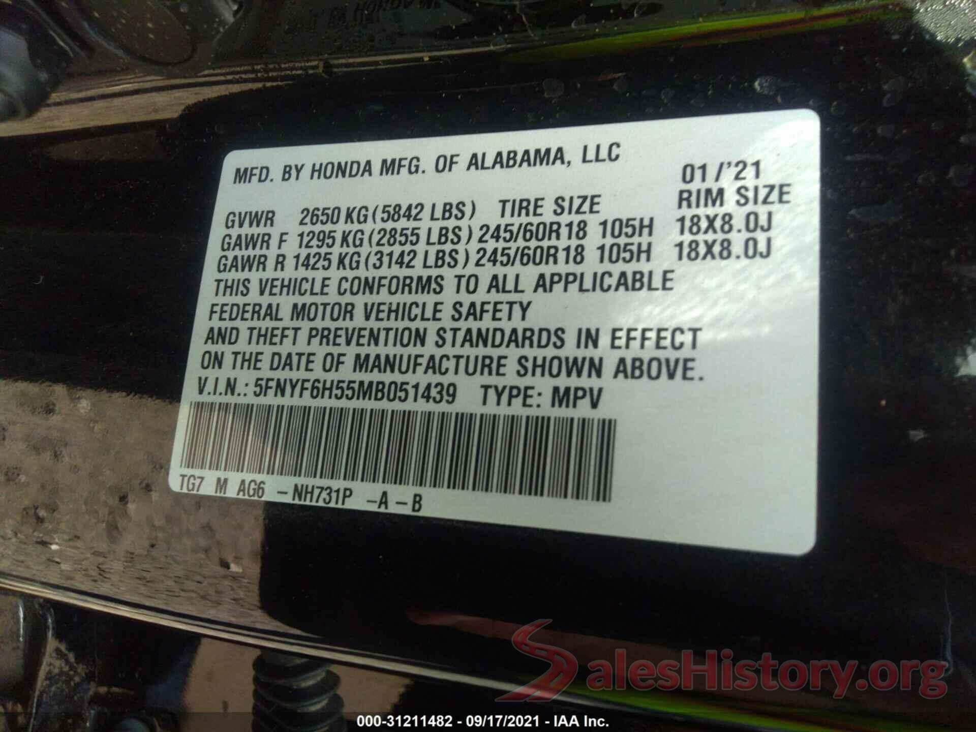 5FNYF6H55MB051439 2021 HONDA PILOT