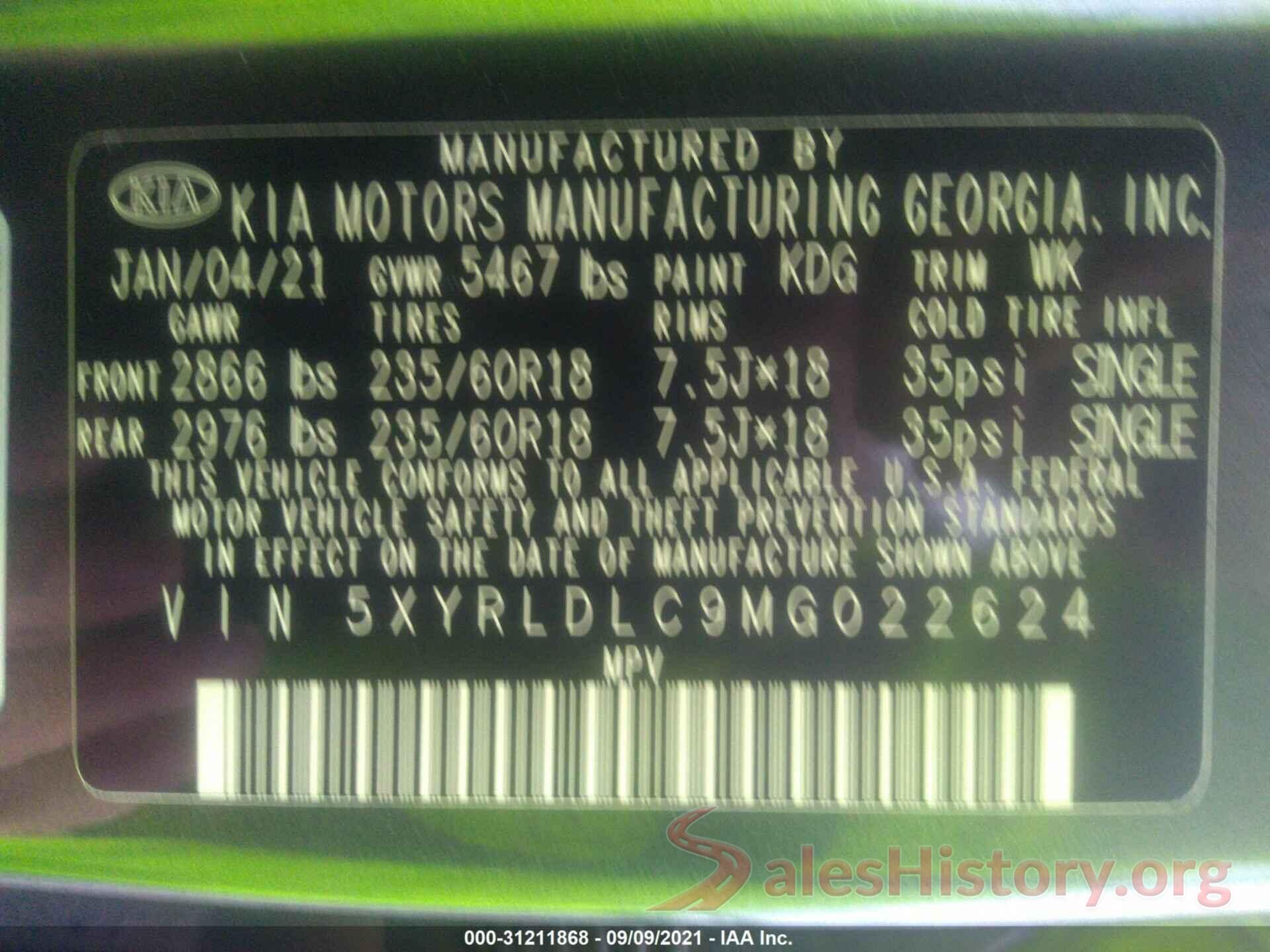 5XYRLDLC9MG022624 2021 KIA SORENTO