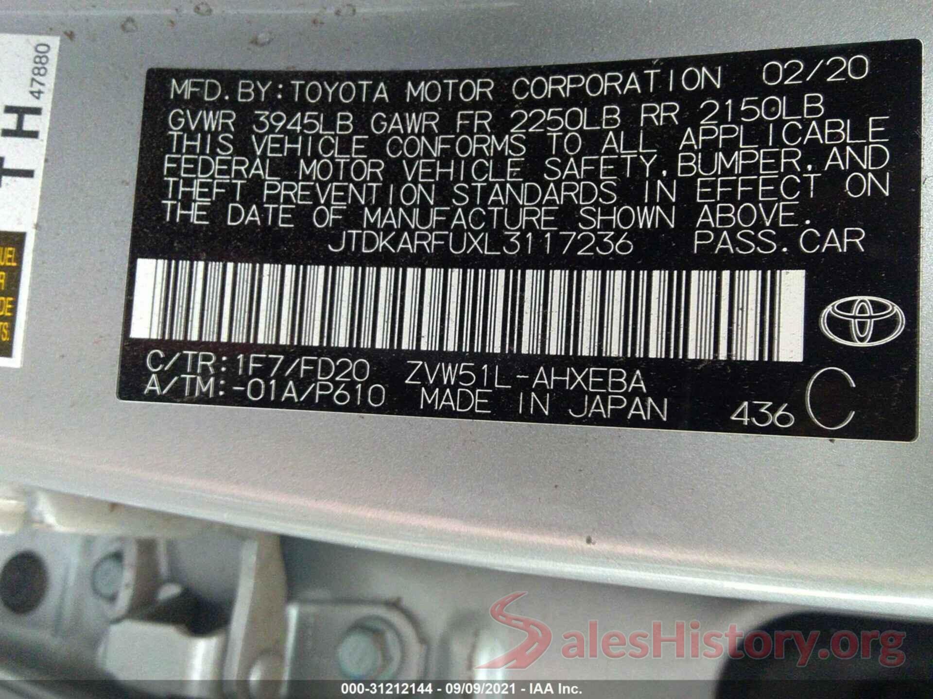 JTDKARFUXL3117236 2020 TOYOTA PRIUS