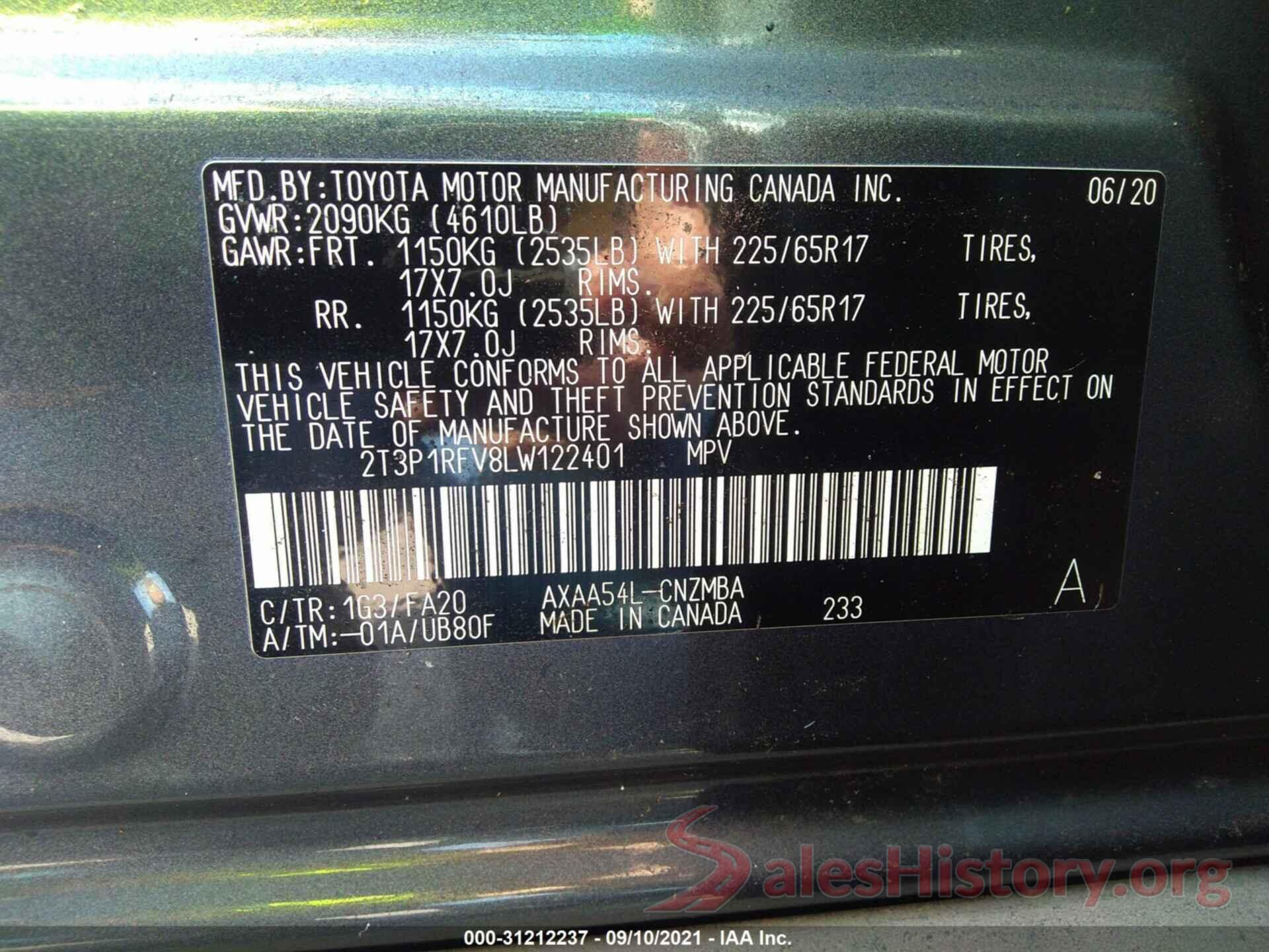 2T3P1RFV8LW122401 2020 TOYOTA RAV4