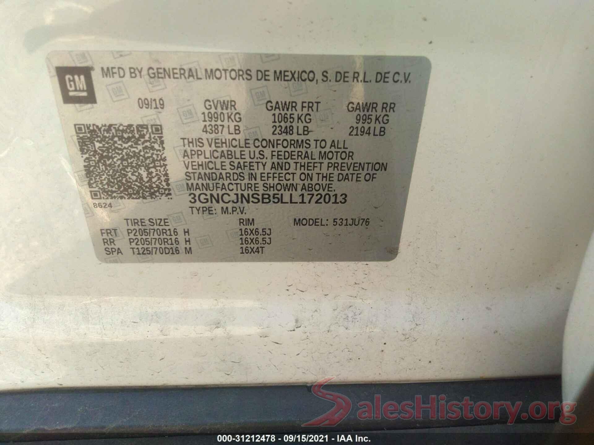 3GNCJNSB5LL172013 2020 CHEVROLET TRAX