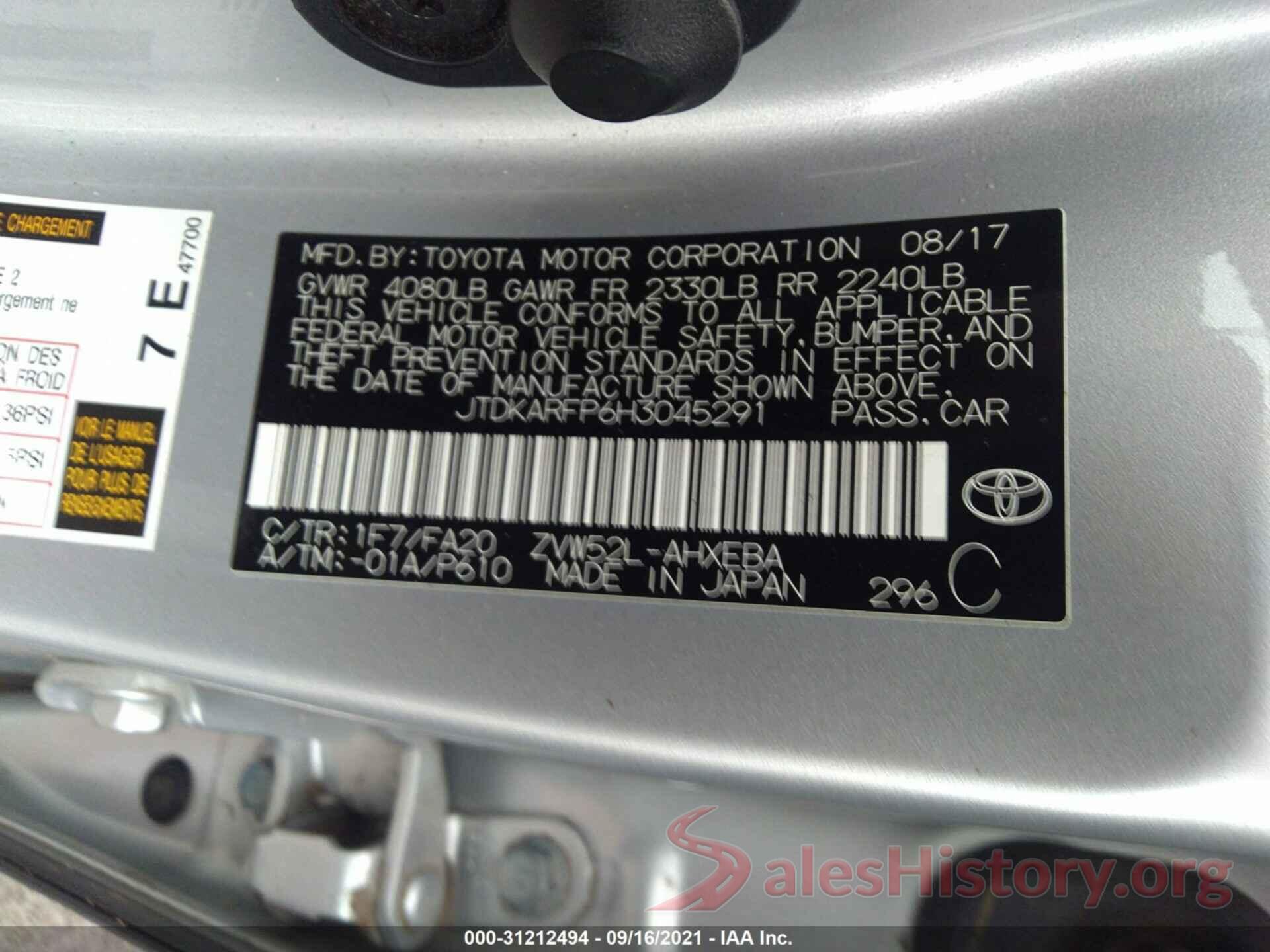 JTDKARFP6H3045291 2017 TOYOTA PRIUS PRIME