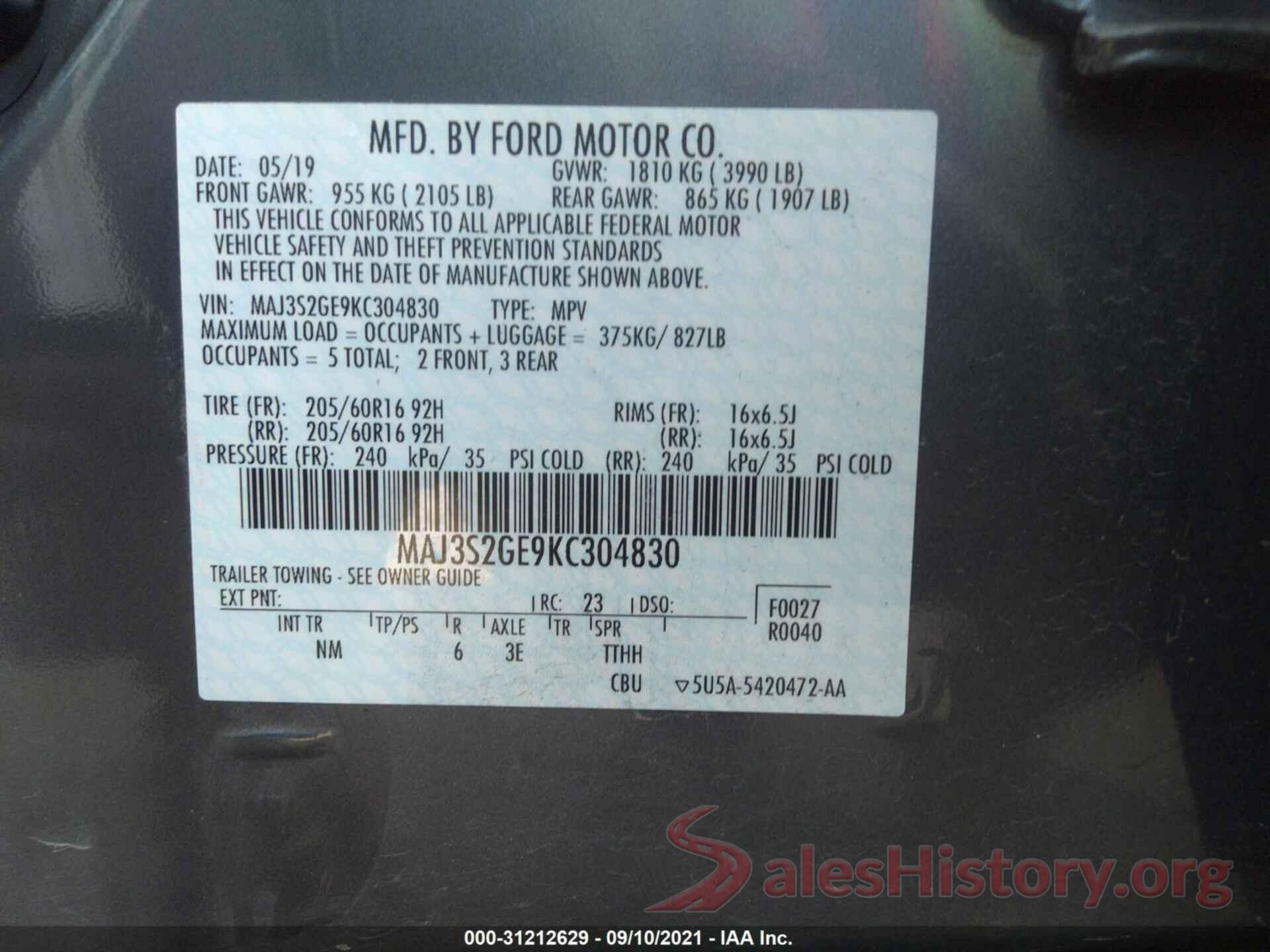 MAJ3S2GE9KC304830 2019 FORD ECOSPORT