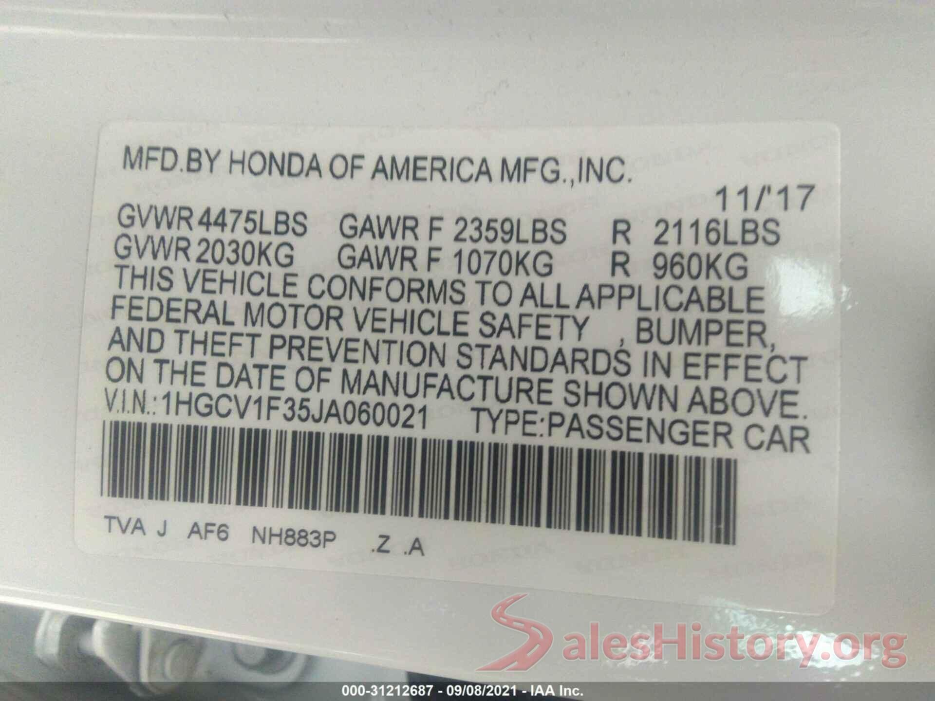 1HGCV1F35JA060021 2018 HONDA ACCORD SEDAN