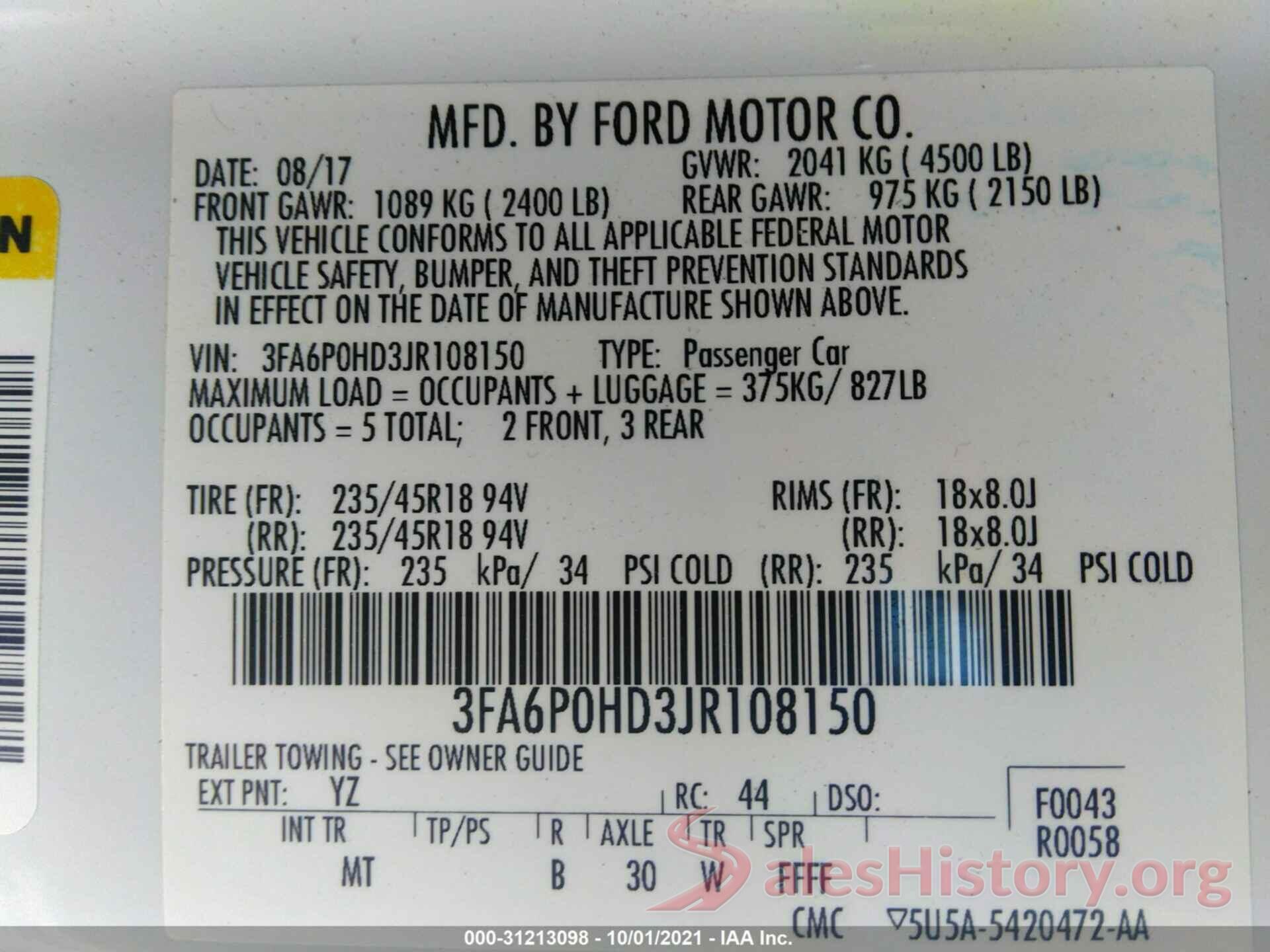 3FA6P0HD3JR108150 2018 FORD FUSION