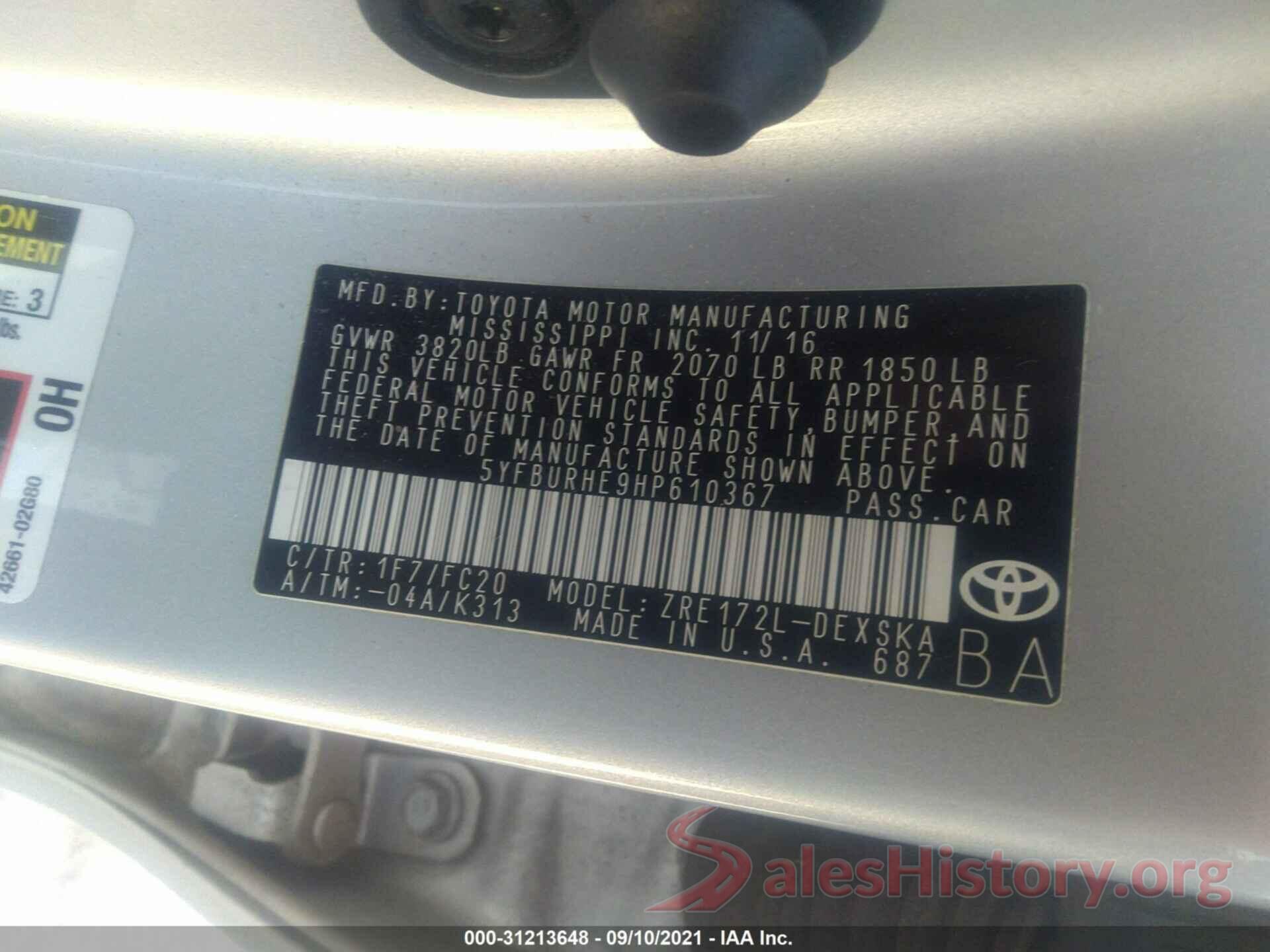 5YFBURHE9HP610367 2017 TOYOTA COROLLA