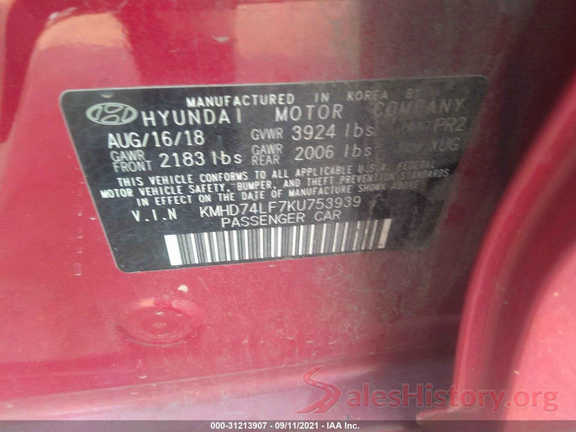 KMHD74LF7KU753939 2019 HYUNDAI ELANTRA