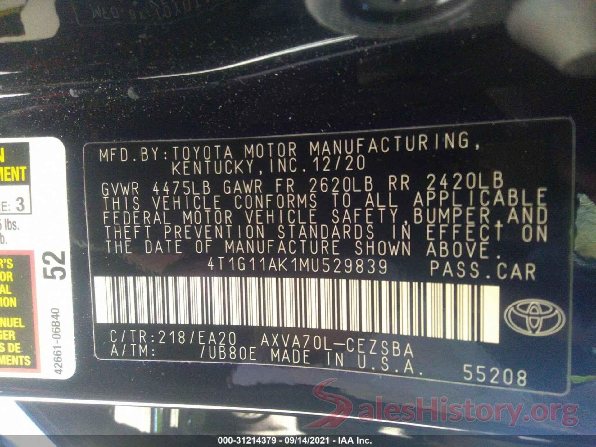 4T1G11AK1MU529839 2021 TOYOTA CAMRY