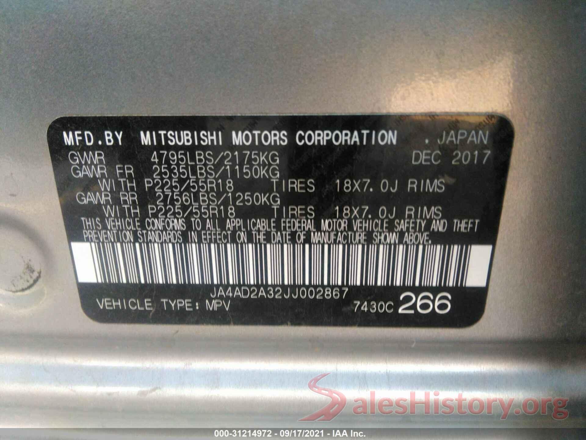 JA4AD2A32JJ002867 2018 MITSUBISHI OUTLANDER