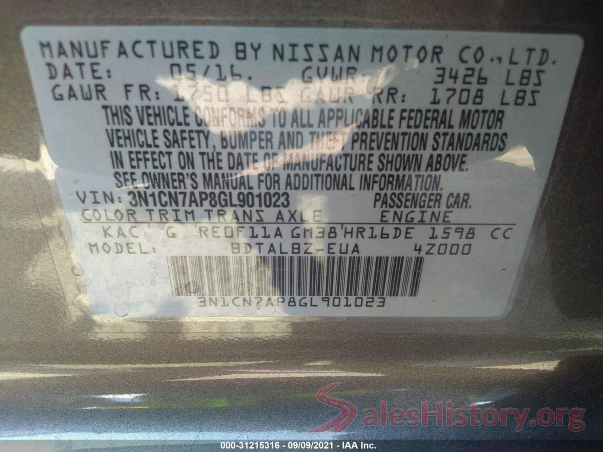 3N1CN7AP8GL901023 2016 NISSAN VERSA