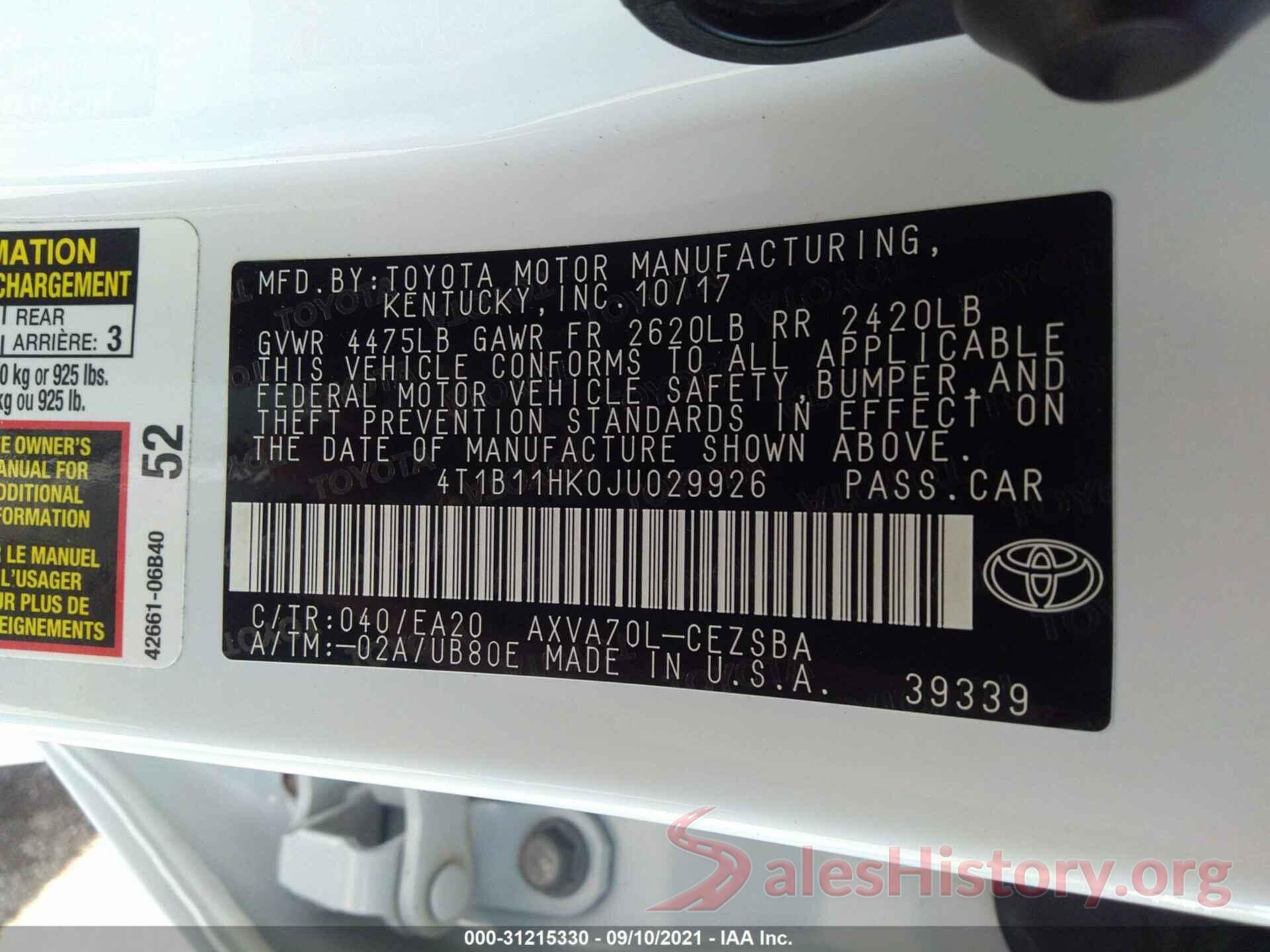 4T1B11HK0JU029926 2018 TOYOTA CAMRY