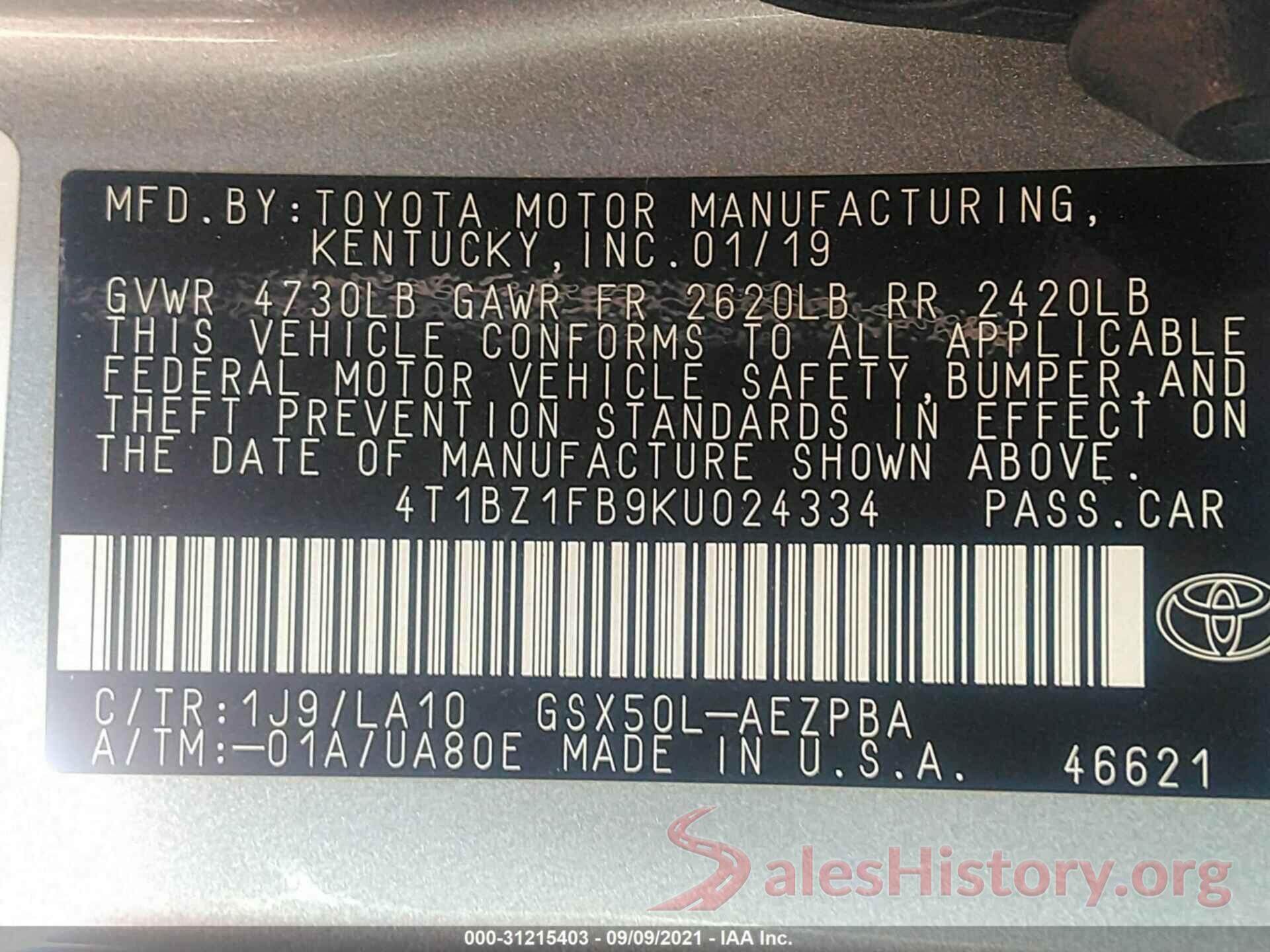 4T1BZ1FB9KU024334 2019 TOYOTA AVALON