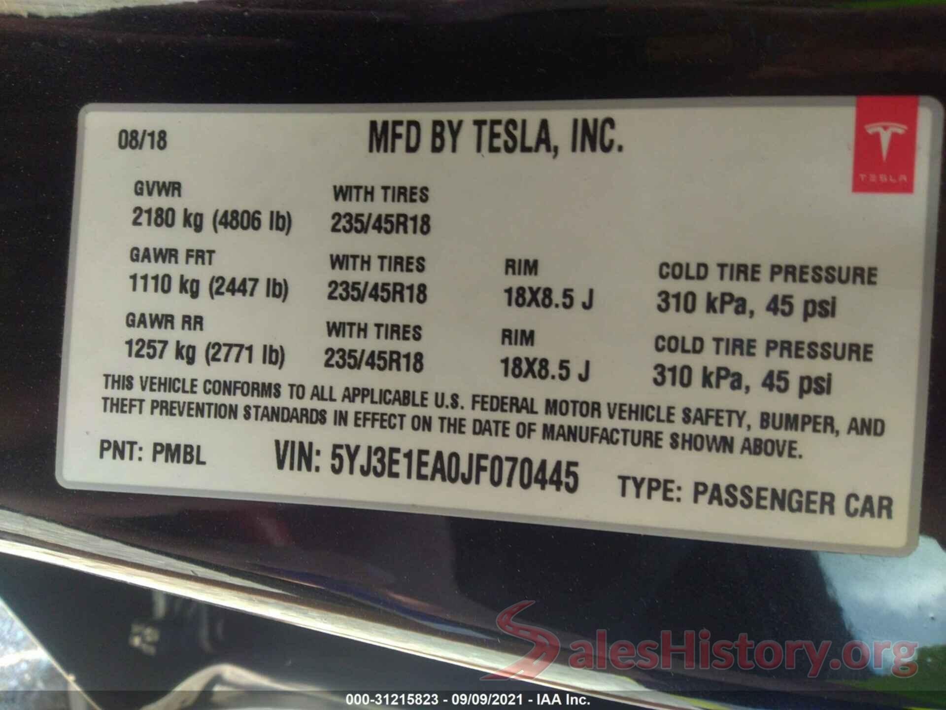 5YJ3E1EA0JF070445 2018 TESLA MODEL 3