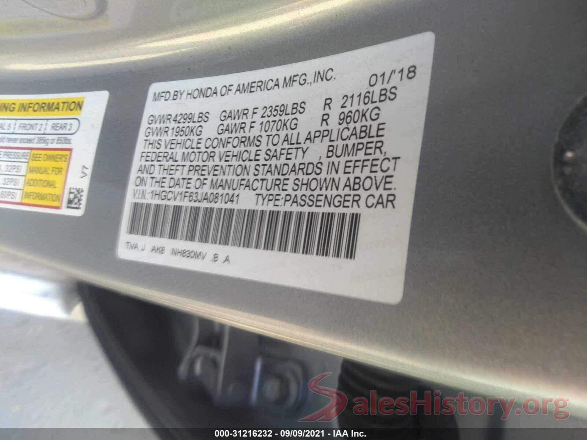 1HGCV1F63JA081041 2018 HONDA ACCORD SEDAN