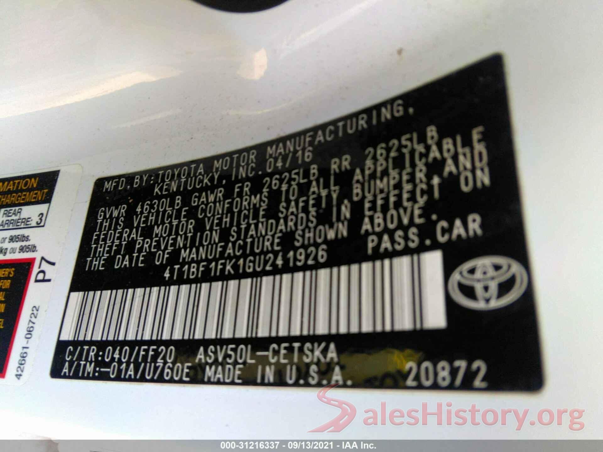 4T1BF1FK1GU241926 2016 TOYOTA CAMRY