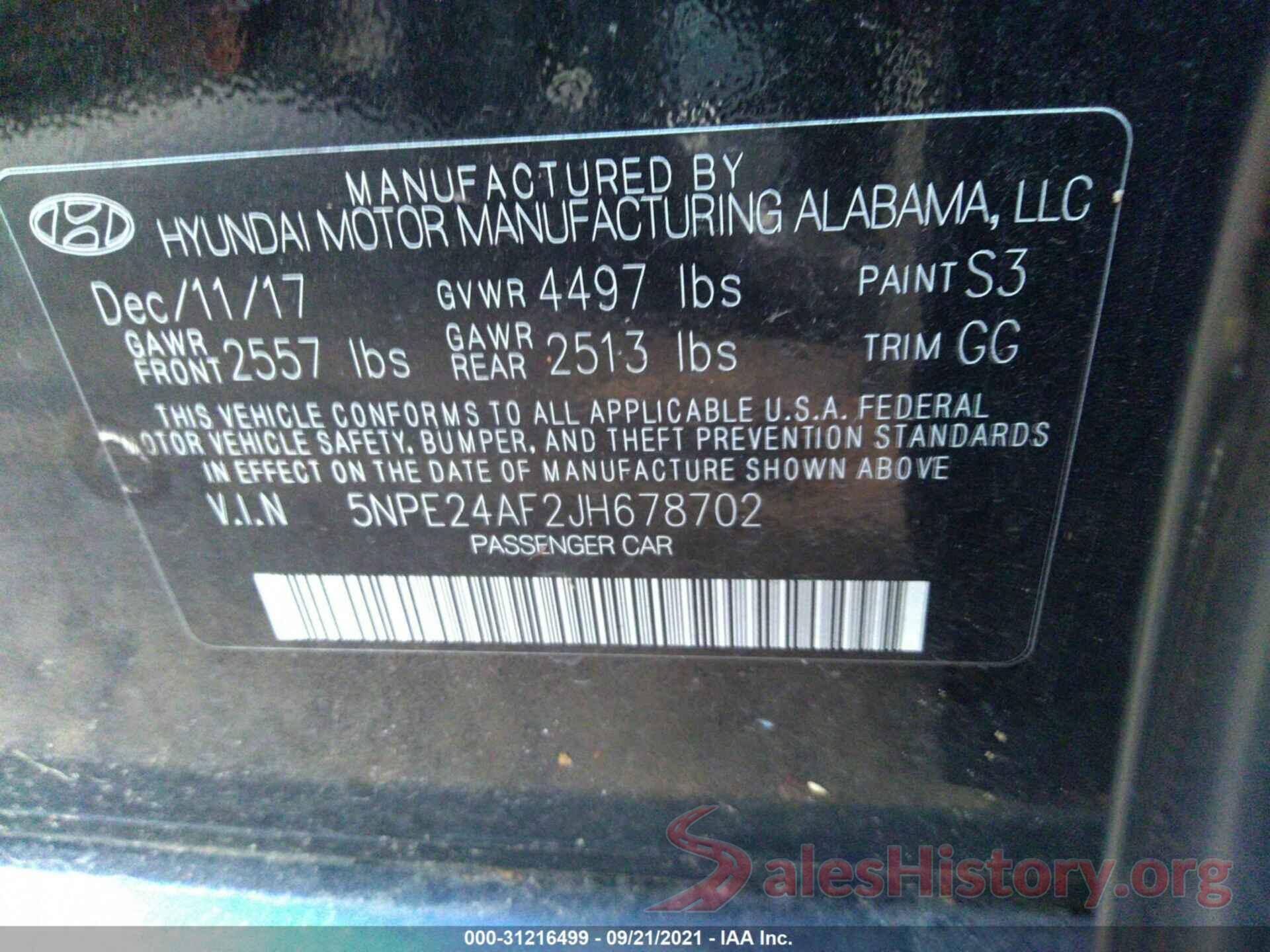 5NPE24AF2JH678702 2018 HYUNDAI SONATA