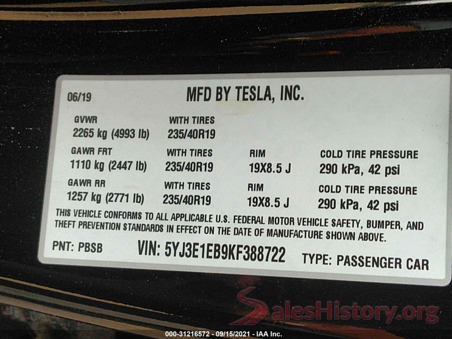 5YJ3E1EB9KF388722 2019 TESLA MODEL 3