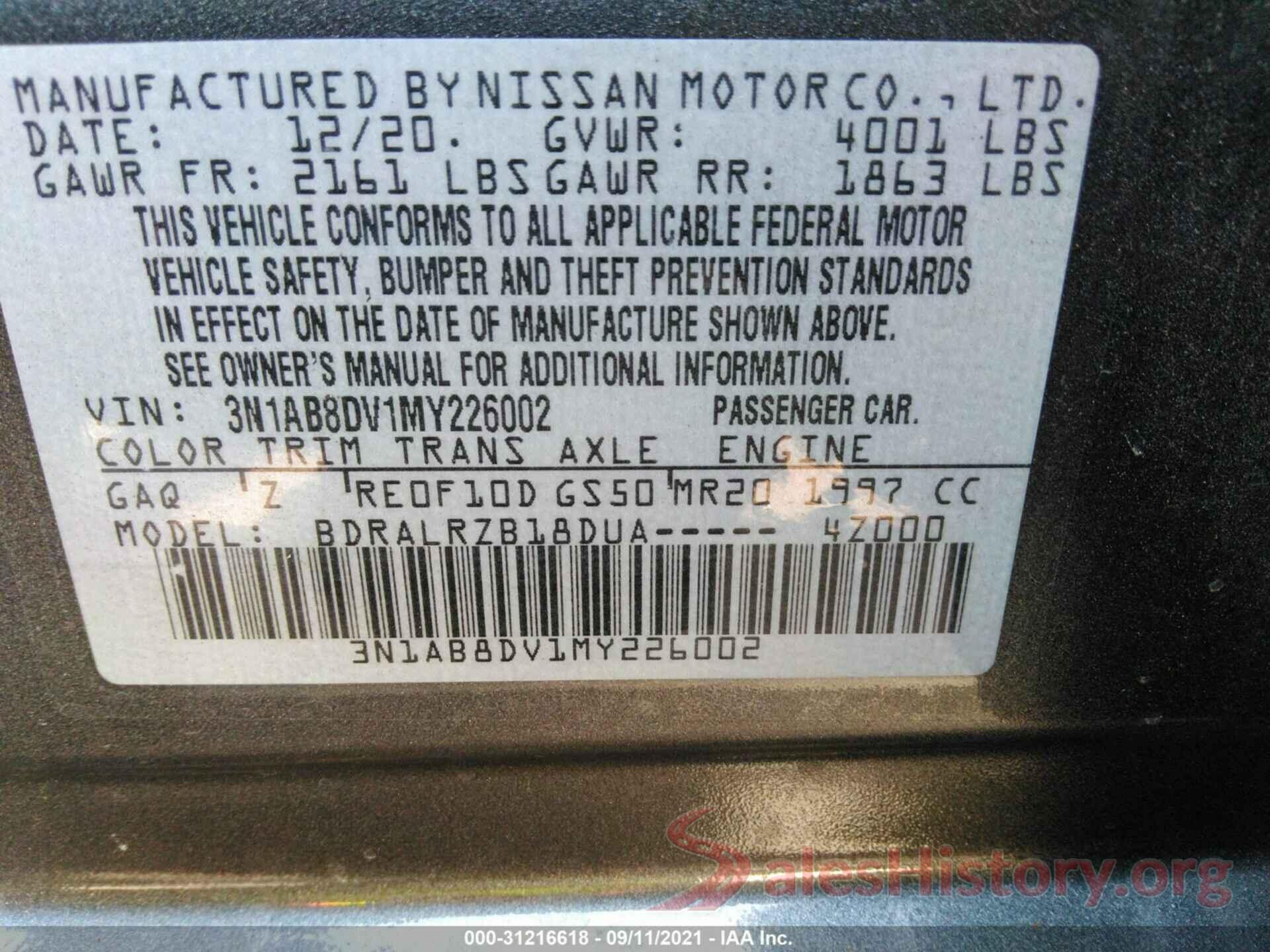 3N1AB8DV1MY226002 2021 NISSAN SENTRA