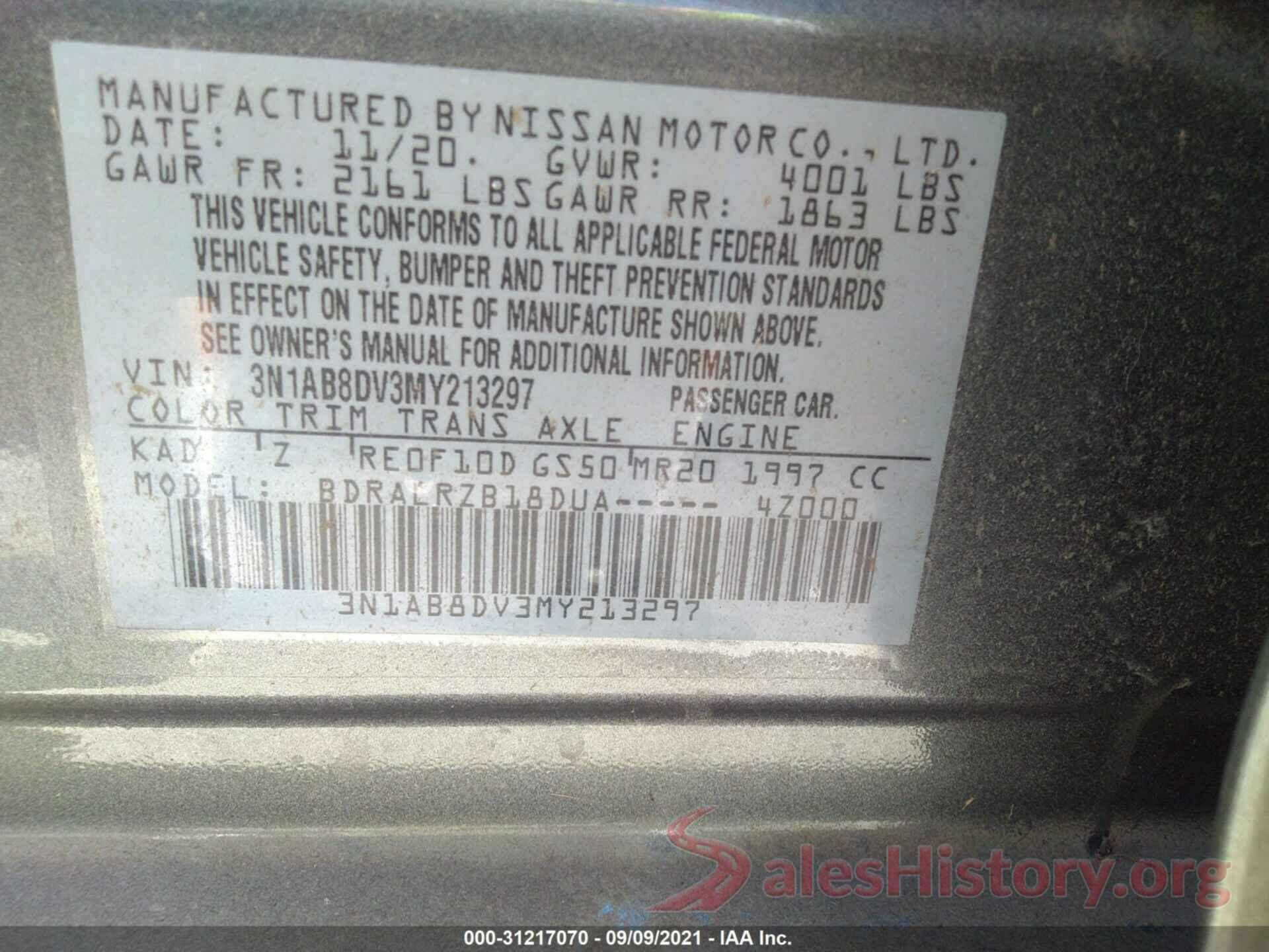 3N1AB8DV3MY213297 2021 NISSAN SENTRA