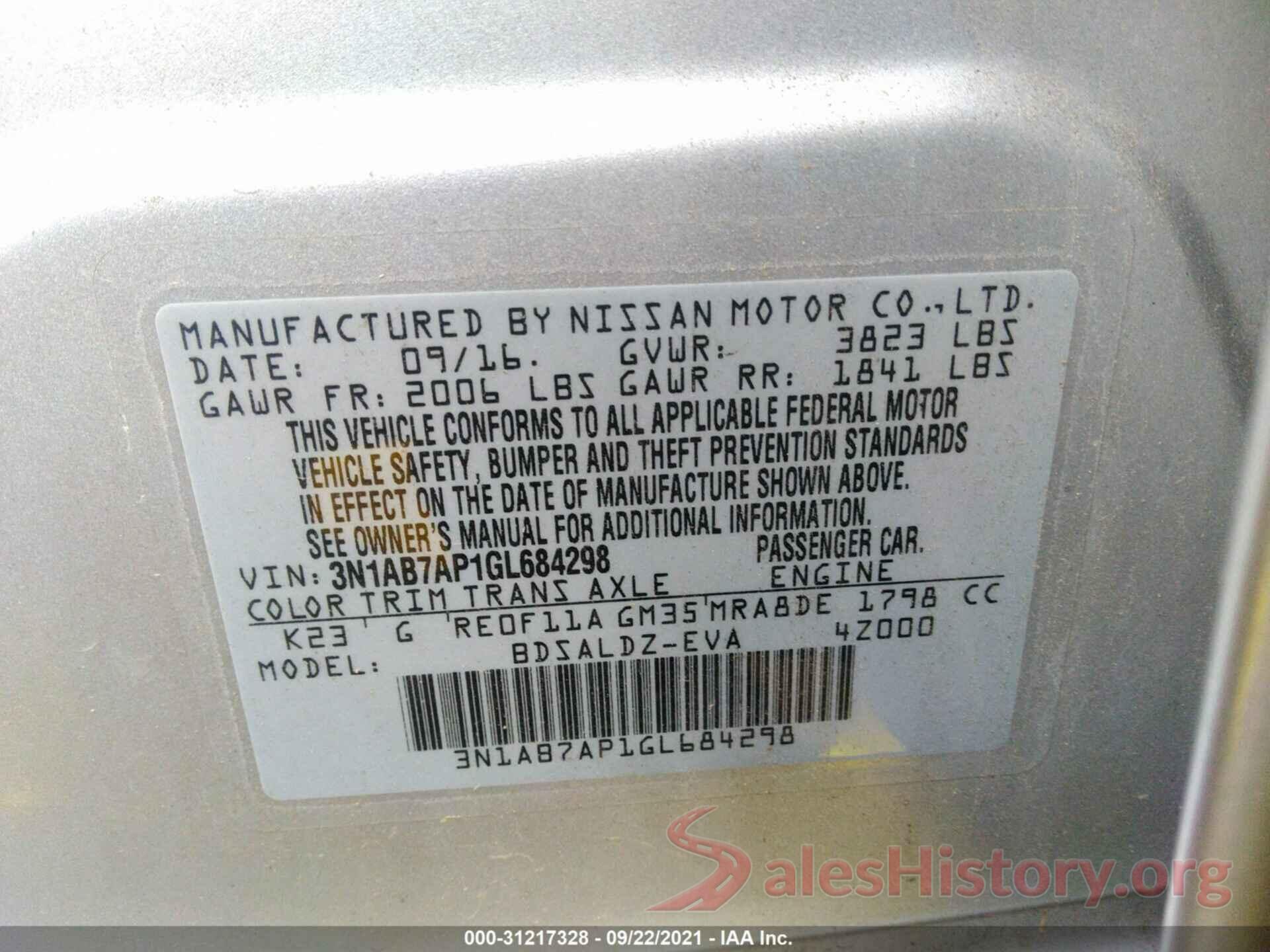 3N1AB7AP1GL684298 2016 NISSAN SENTRA