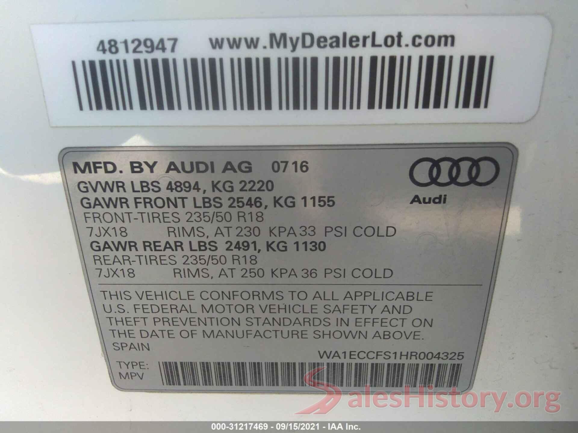 WA1ECCFS1HR004325 2017 AUDI Q3